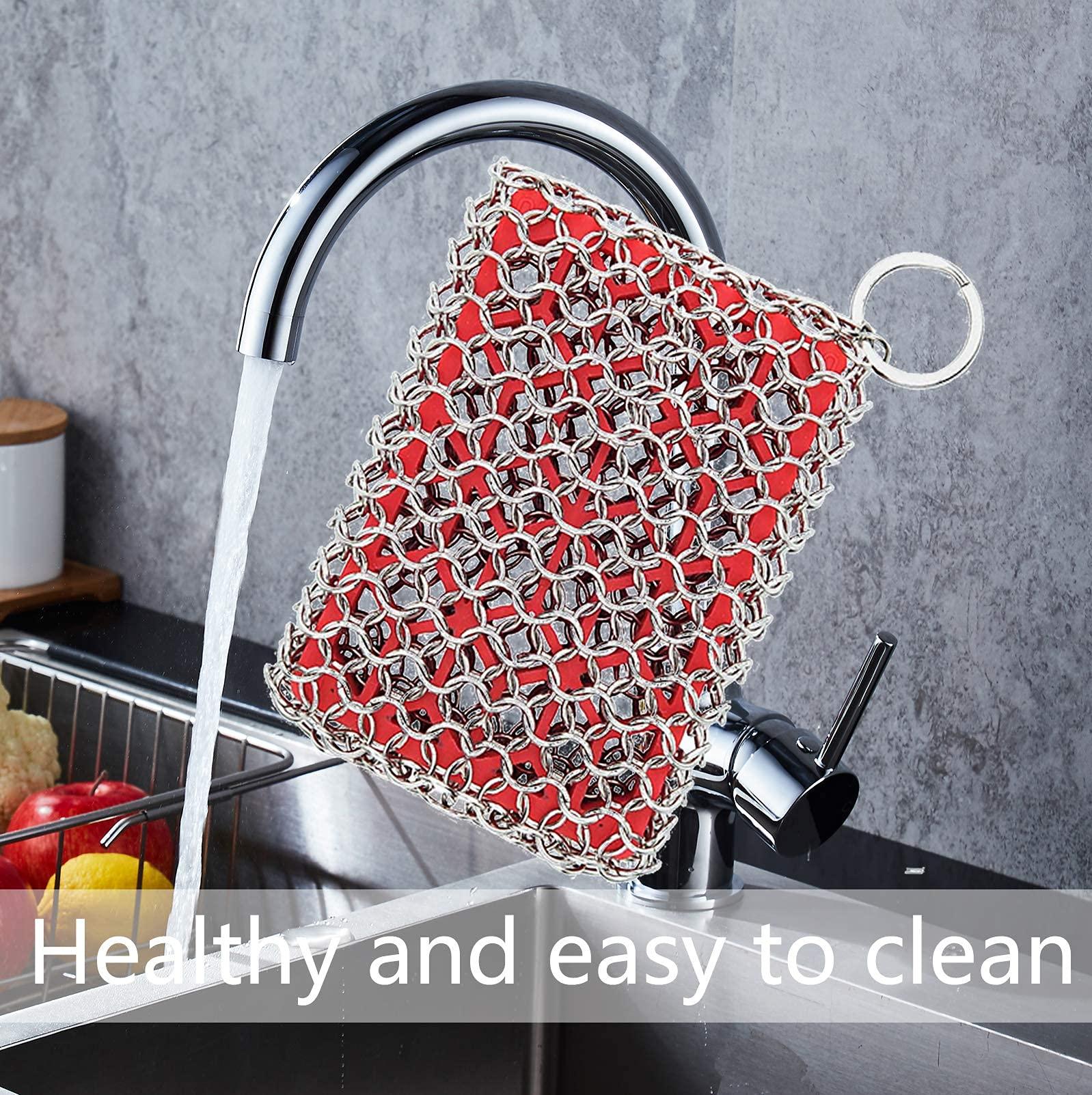 mochiatolovingtale Cast Iron Cleaner,Stainless Steel Cleaner Chain Iron Scrubber with Silicone Insert,Chainmail Scrubber for Cast Iron Pans Cookware Skillet Dishwasher,Kitchen Tools Gadught (Cleaner Red)