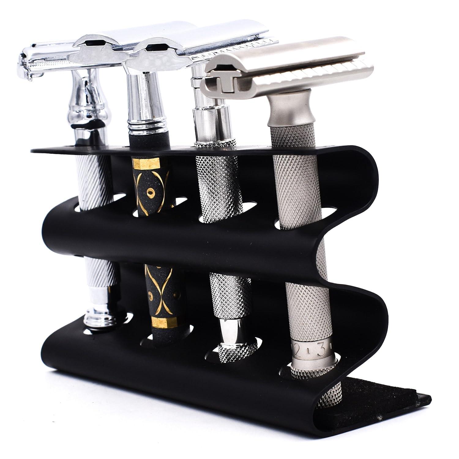 Parker Safety Razor Parker Safety Razor Double Edge Razor Stand – Solid Brass with Black Finish –Holds 4 Razors – Parker Stand with Padded Base – Excellent Storage for Long Handled Double Edge Safety Razors