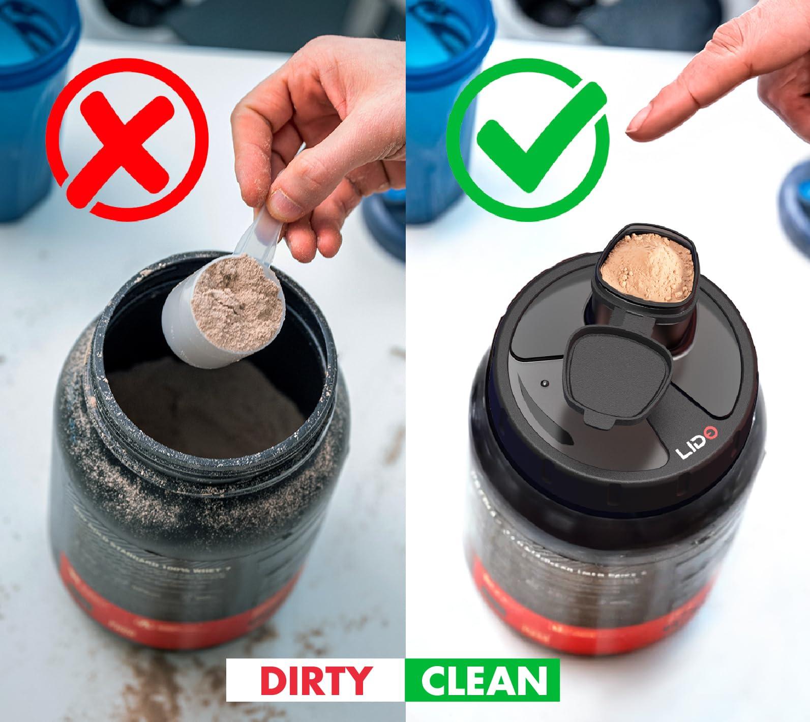 MyLidO MYLIDO Protein Dispenser Scoop Powder Dispense Supplement Funnel Universal Size Fits All Brands, Pre and Post Workout BPA Free Hands Clean Attachment Container Lid MyLid-O