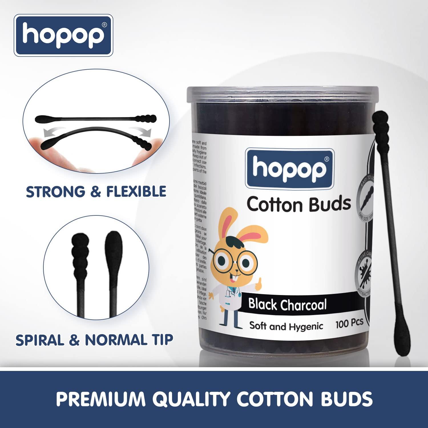 Hopop Hopop Cotton Buds | Baby Spiral Tip Paper Stem Charcoal Ear Cleaner Buds | BPA Free Cotton Swabs | 2 Pack | 100 Sticks/Pack | Black Charcoal