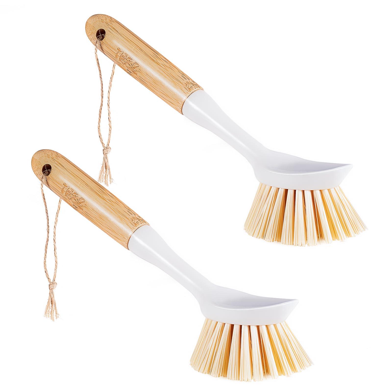 TEZZ 2 Pack Kitchen Dish Brushes with Bamboo Handle, Dish Scrubber Built-in Scraper, Scrub Brush for Pans, Pots, Counter & Kitchen Sink Cleaning, Dishwashing and Cleaning, Perfect Cleaning Tools, White