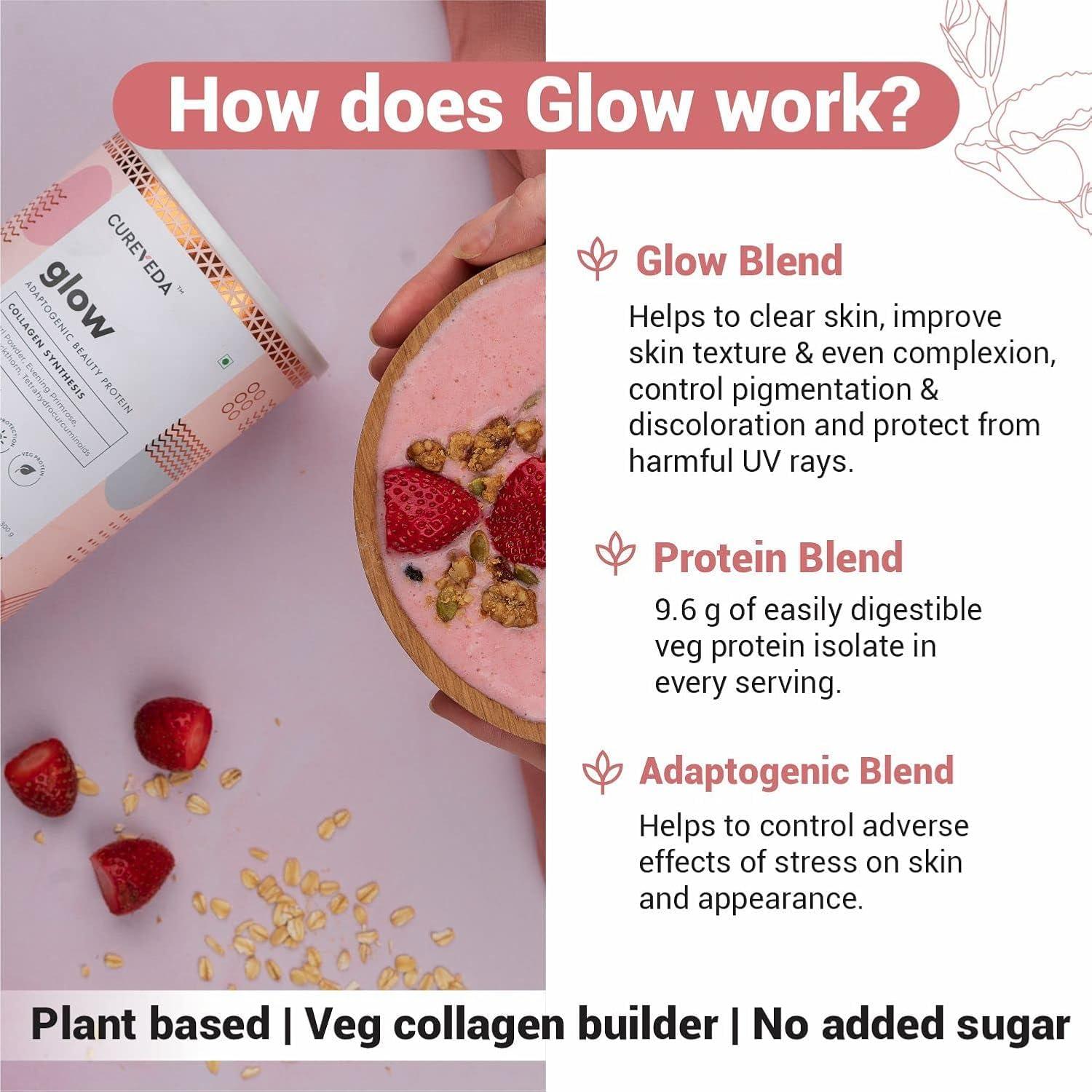 Cureveda Cureveda Collagen Builder Glow Powder for Brighter & Youthful Skin, Plant-Based Supplement with Rose Water, Veg Beauty Protein, Evening Primrose 100IU, No Added Sugar, 300gm x 2 (600 gm)