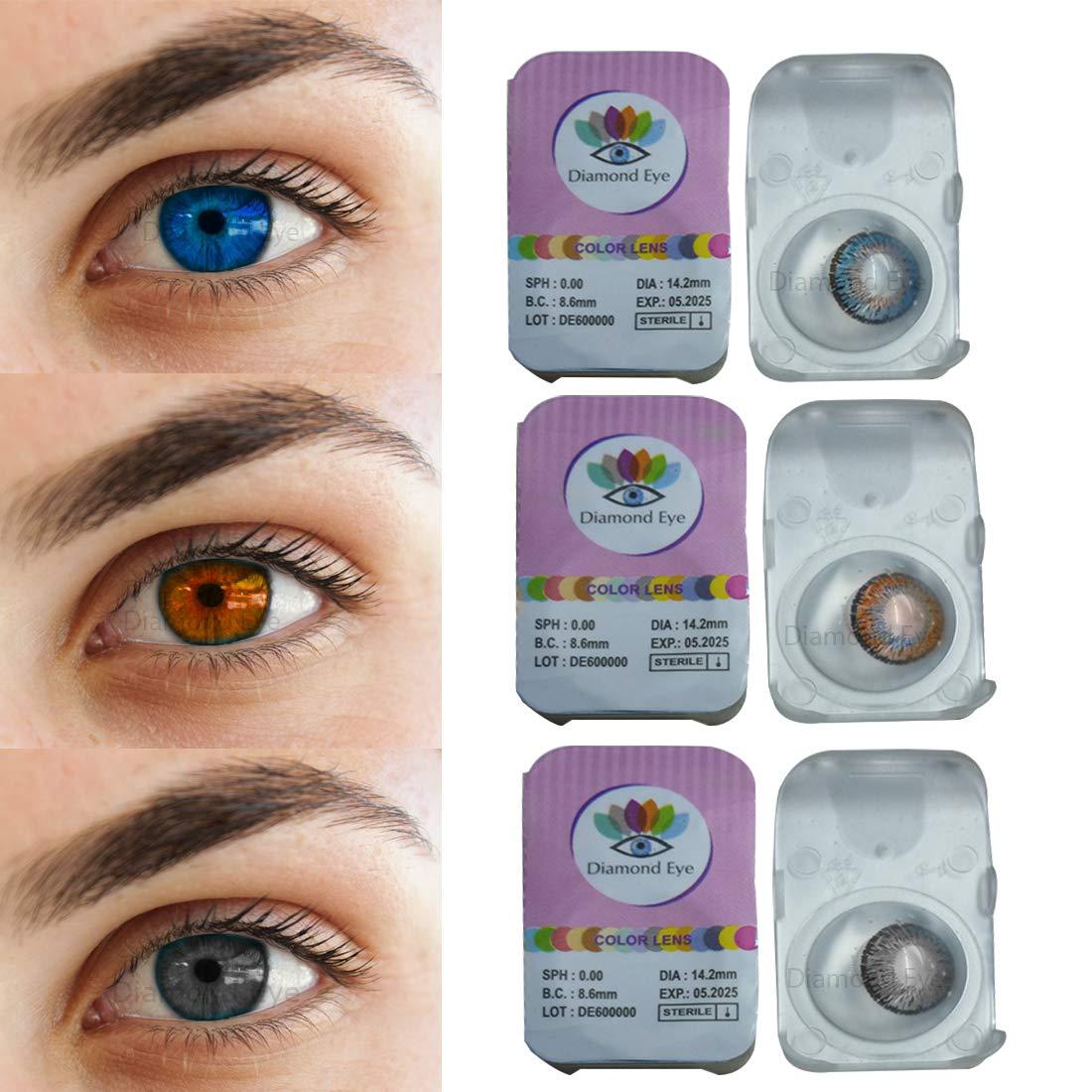 Color style Color style 3 Pair Monthly Grey Brown Sky Blue Colored 0 Power Contact Lenses for Eyes Men and Women with Lens Case(Grey Brown Sky Blue)