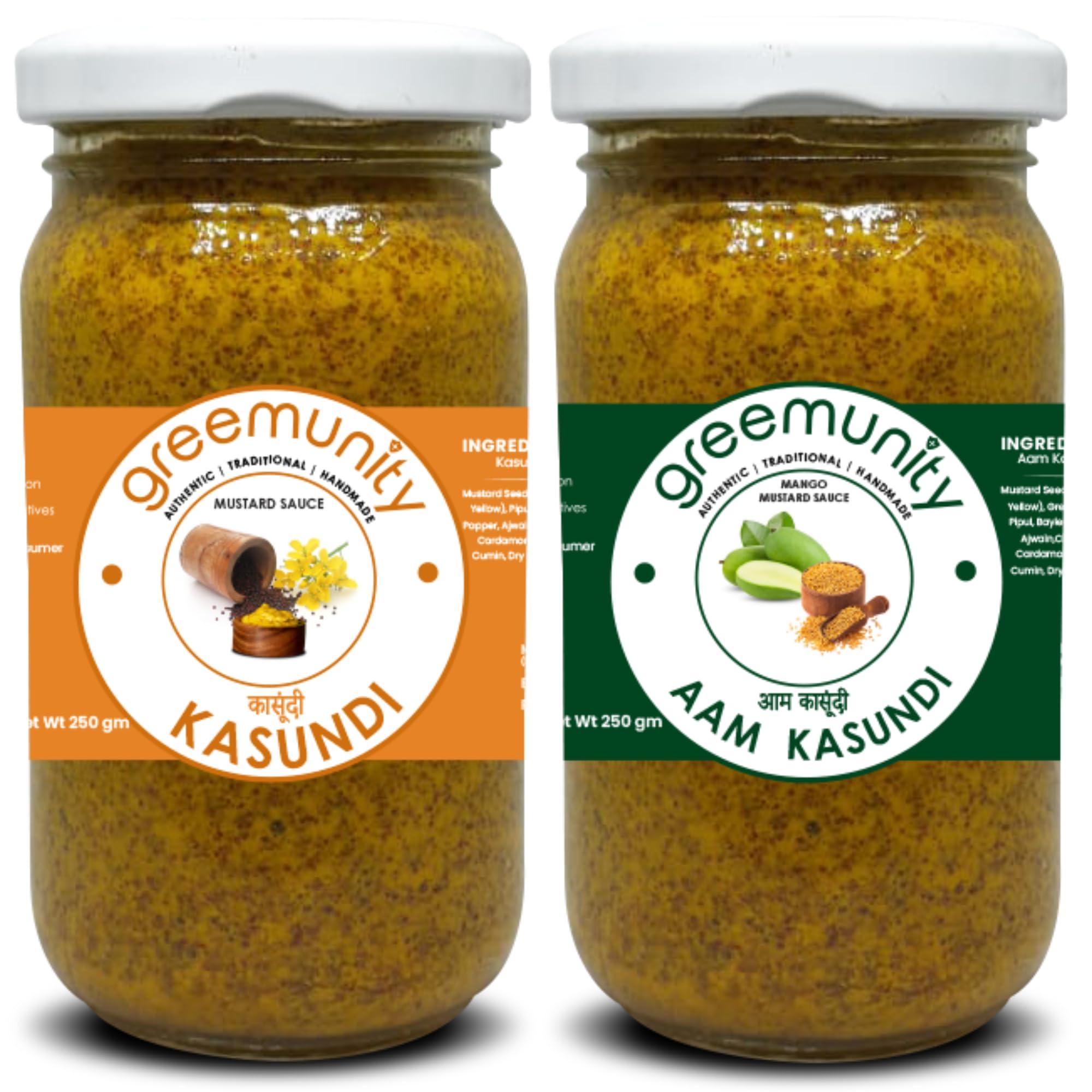 GREEMUNITY GREEMUNITY | Kasundi n Aam Kasundi Combo Pack - Original Bengali Kasundi - Authentic Handmade Orginal Bengali Kasundi n Mango Kasundi,Mustard Sauce and Mango Mustard Sauce 350 gms each [Pack of 2]