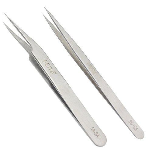 FEITA FEITA Precision Tweezers Stainless Steel Straight & Slanted Tip Best Tweezers Professional Set for Eyelash Extension, Craft, Jewelry, Eyebrow & Ingrown Hair Removal (SS&5A-SA 2Pcs)
