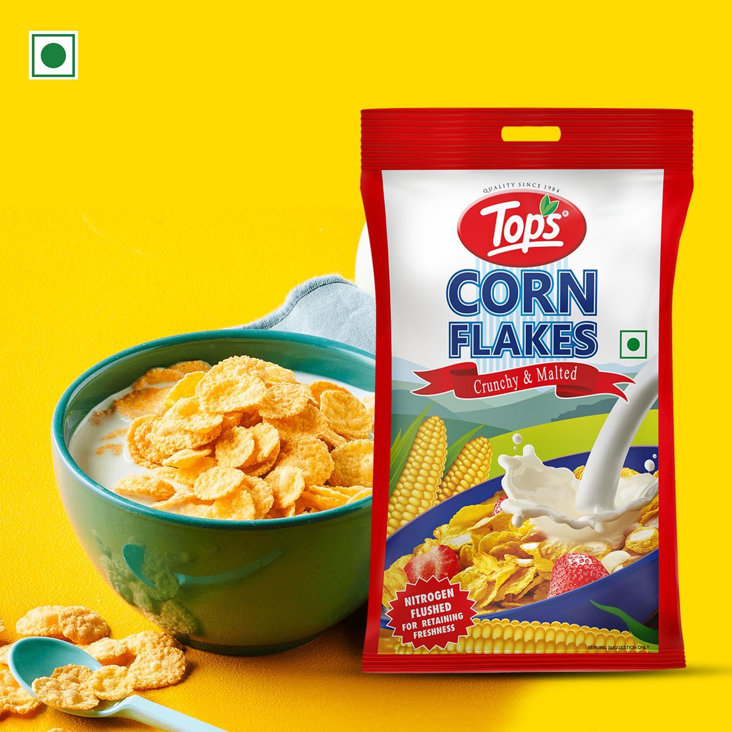 TOPS TOPS Corn Flakes 1 kg (500 gm *2 pouch) | No Added Flavour| Low Fat & Low Cholesterol | Dietary Fibre | Deliciously Crunchy | Breakfast Cereal