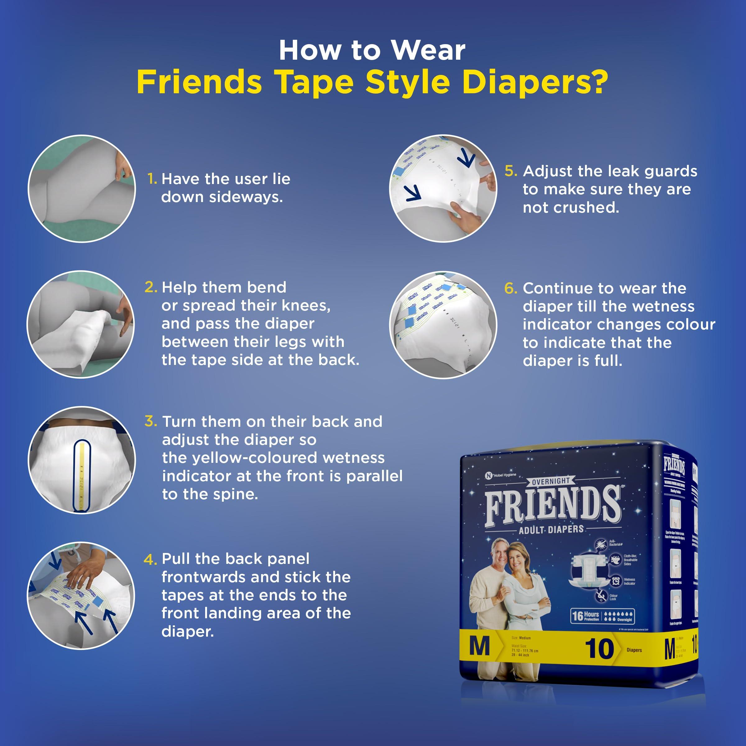 Friends Friends Overnight Adult Diapers Tape Style - 30 Count (Medium) with with odour lock, Unisex, Leakproof and Anti-Bacterial Absorbent Core - Waist Size 28.35-51.18 inch; 72-130 cm