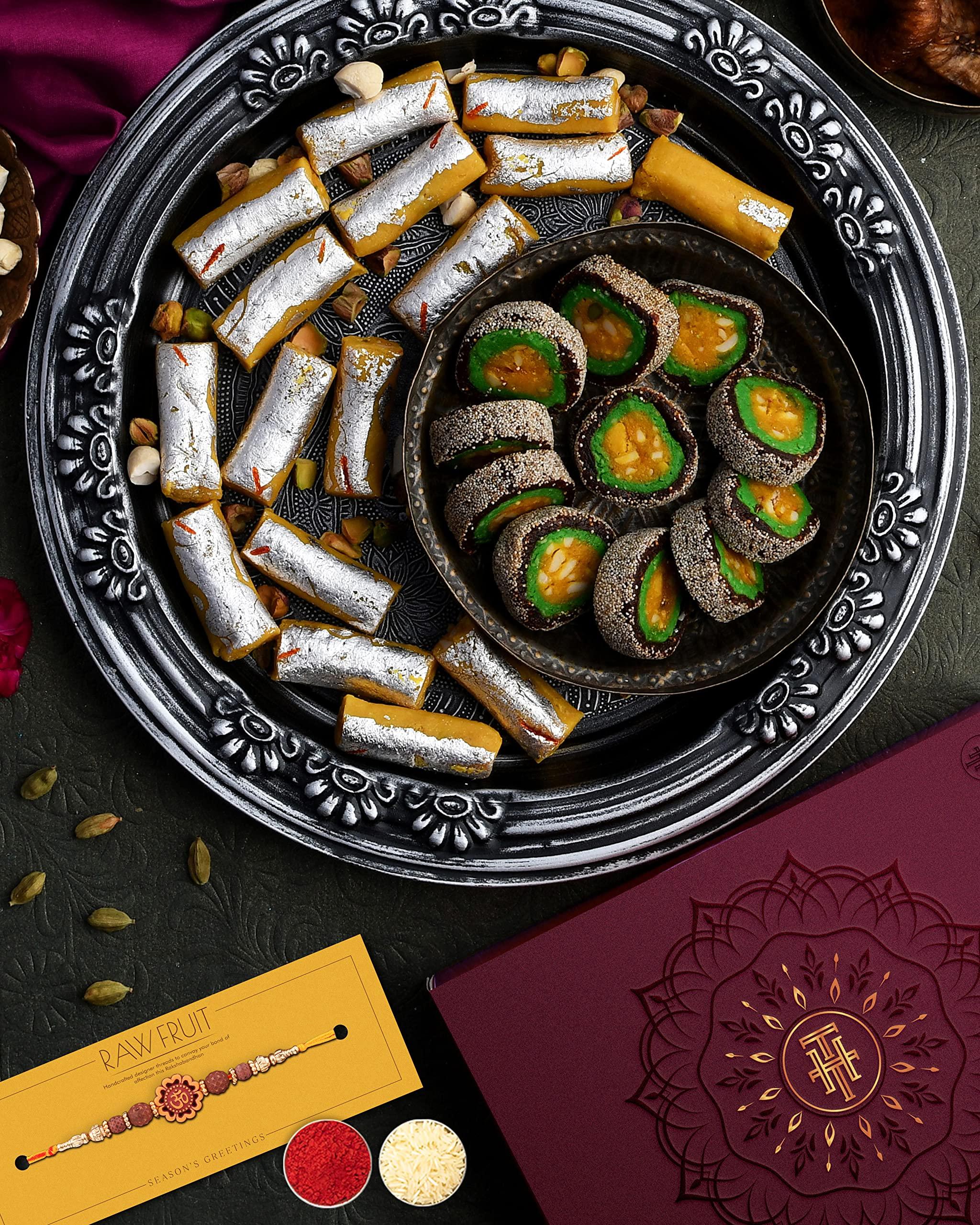 Hamam Dasta Rakhi with sweets for brother Kaju Kesar Rolls Anjeer Chakkar 500 Grams The House Of Treats Rakhi for brother combo Rakhi gift for brother with sweets Rakhi Combo Pack