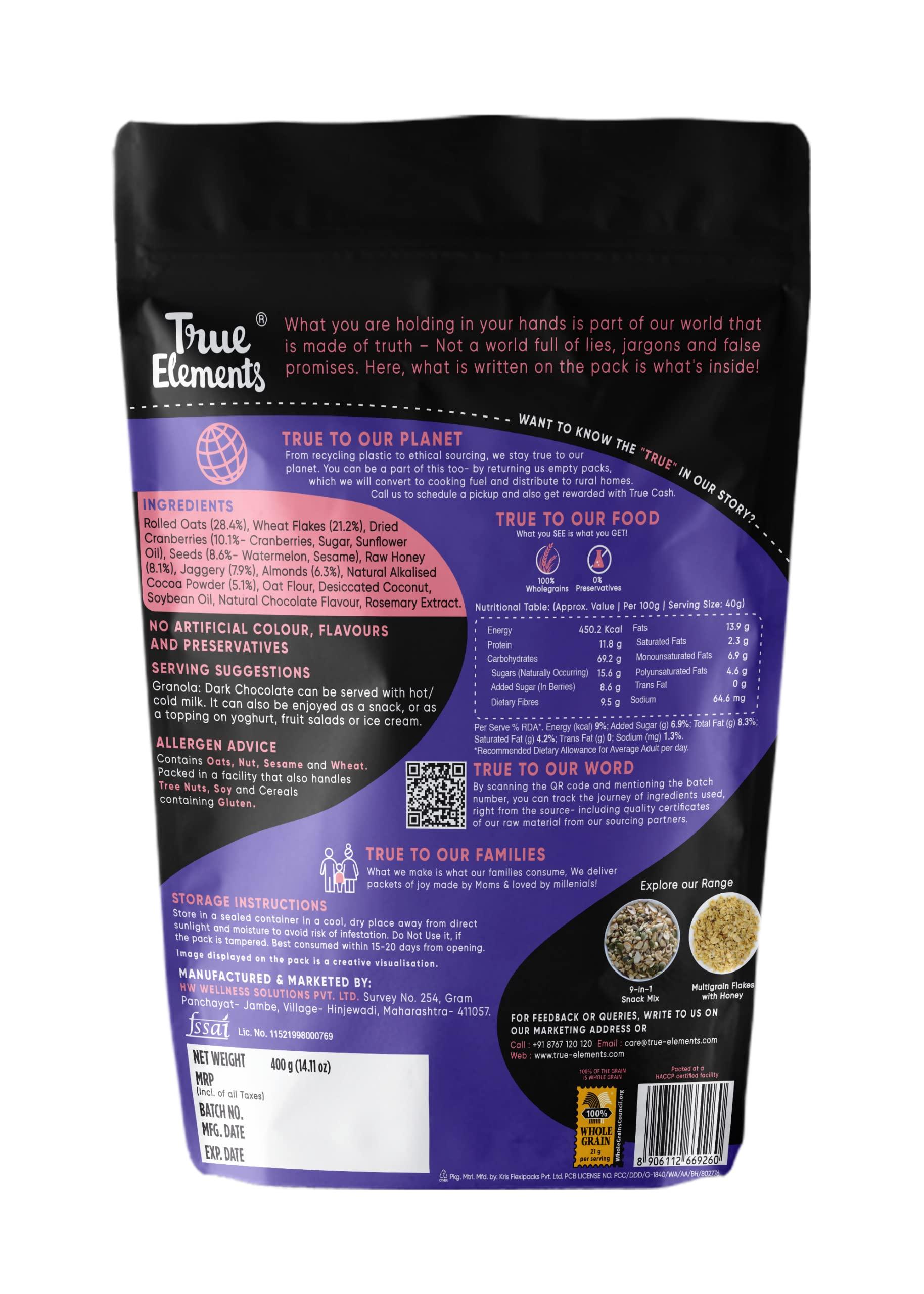 True Elements True Elements Granola Dark Chocolate 400g - Baked Granola | Almonds, Berries & Dark Chocolate | Granola for Breakfast | High Fibre Cereal | Diet Snack