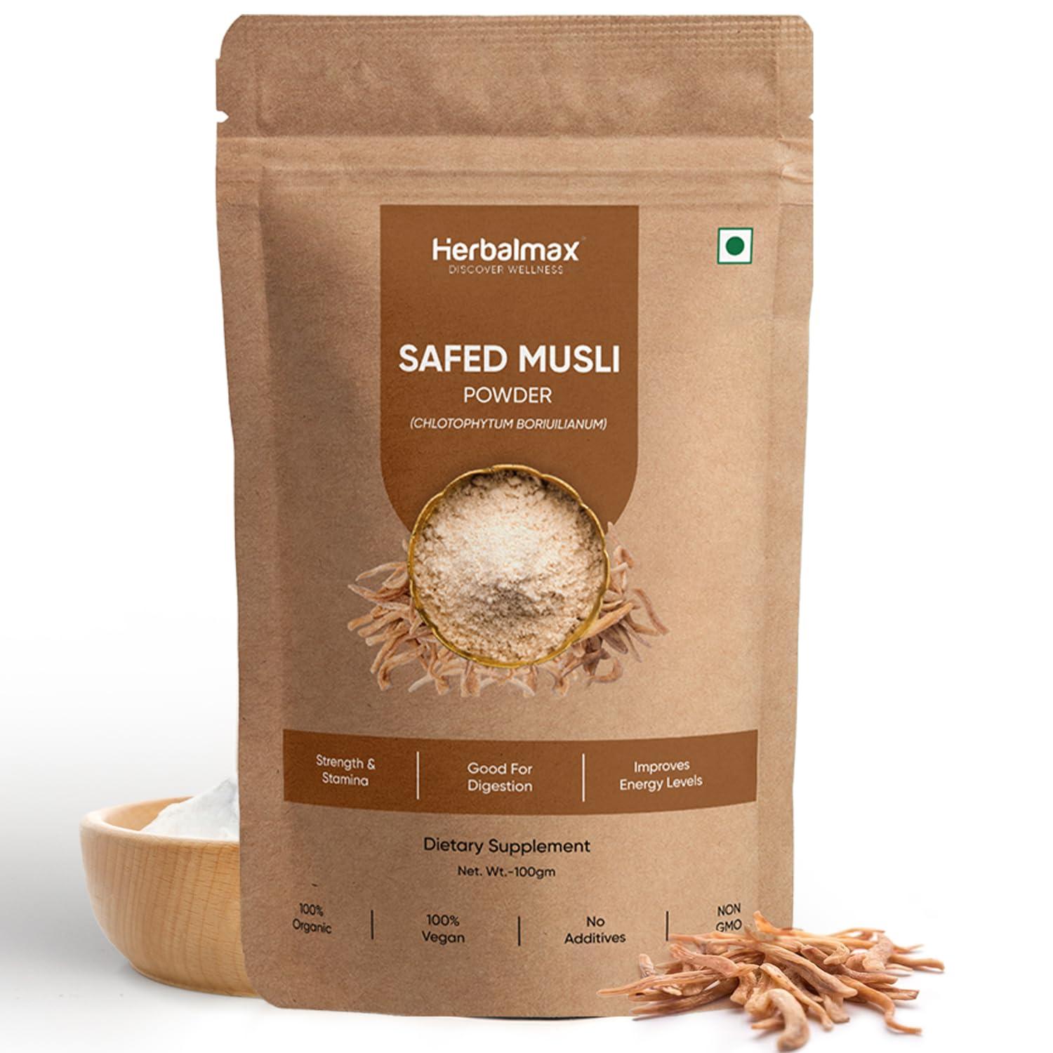 Herbal max Herbal max Organic Safed Musli Root Powder - 100 gm | Ayurvedic Support for Vitality & Performance | Herbal Supplement | Strength & Stamina