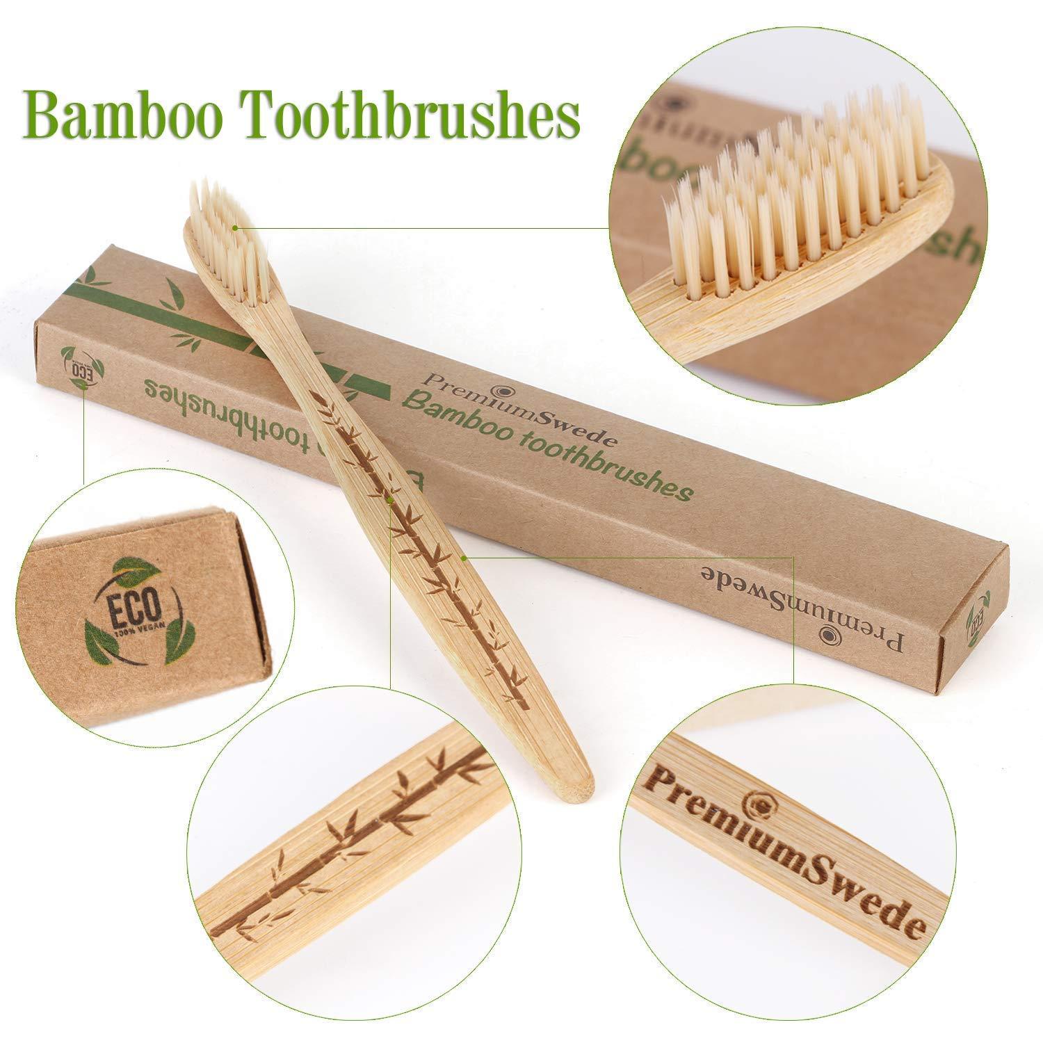 Premiumswede Bamboo Toothbrushes Biodegradable Eco Friendly - Natural Wooden Toothbrush with Soft Bristles - for Kids, Adults - Family 10 Pack