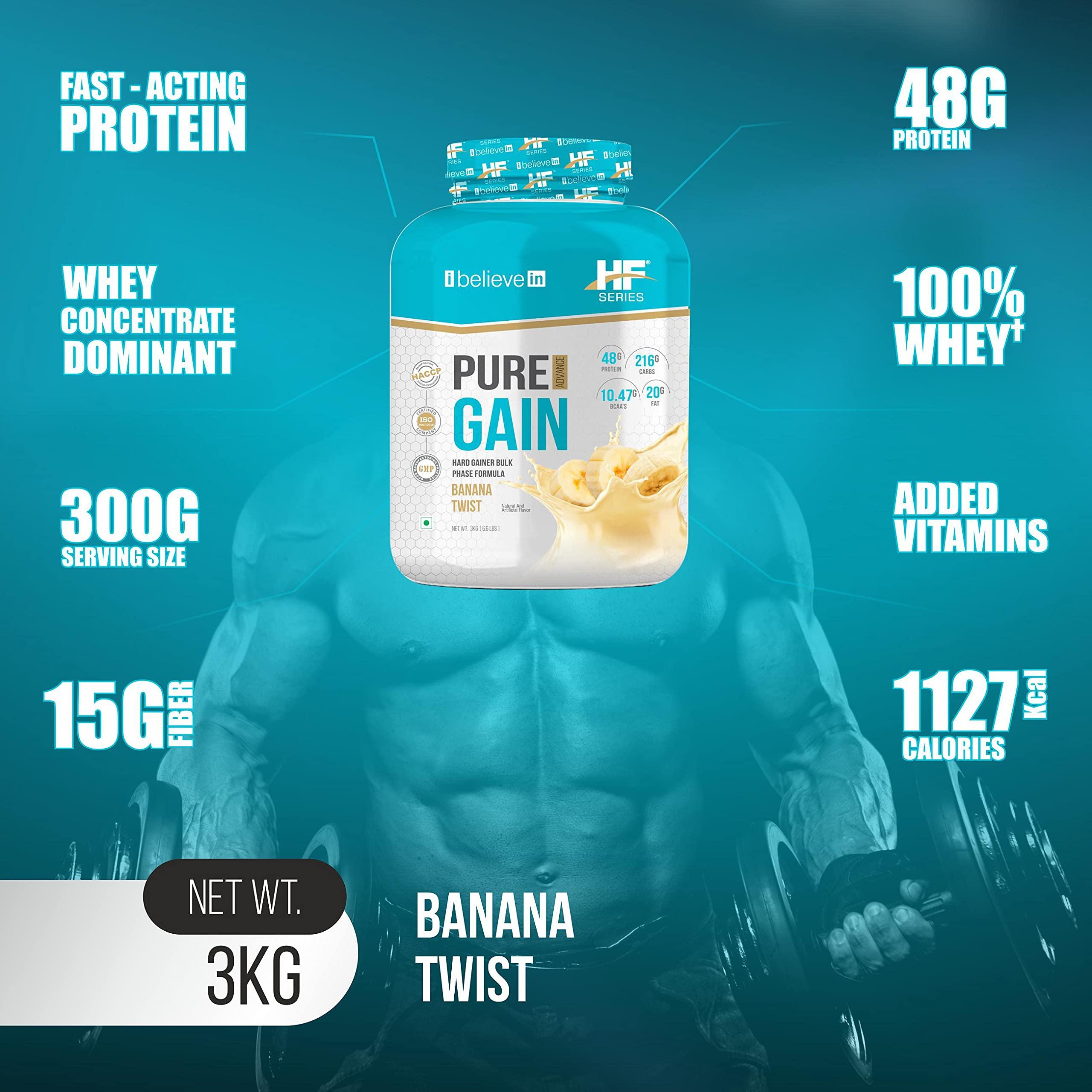 HF Series HF Series Pure Gain Mass Gainer Powder | High-Calorie | Weight Gainer Powder | 48g Protein | 11.01g BCAAs | 8.66g Glutamic Acid | Banana Twist | 3kg / 6.6lbs