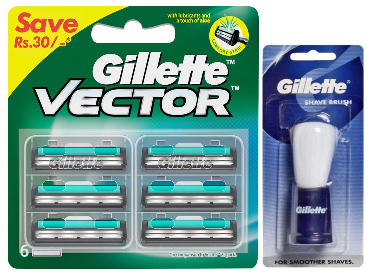 Gillette Gillette Vector Plus Manual Shaving Razor Blades (Cartridge) - 6s Pack & Gillette Shaving Brush (1 Piece pack)