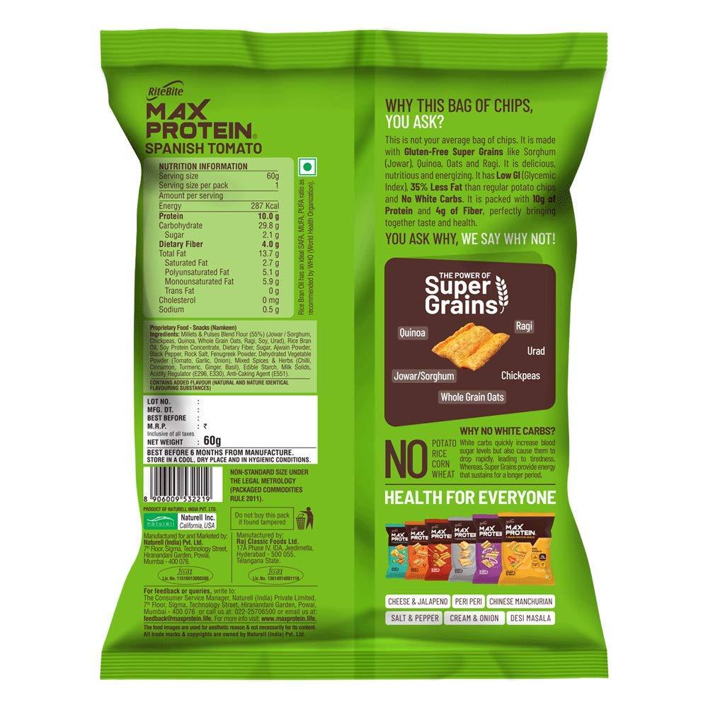 RiteBite Max Protein RiteBite Max Protein Chips - Spanish Tomato 60g - Pack of 4 & Max Protein Chips - Cream and Onion 60g - Pack of 4