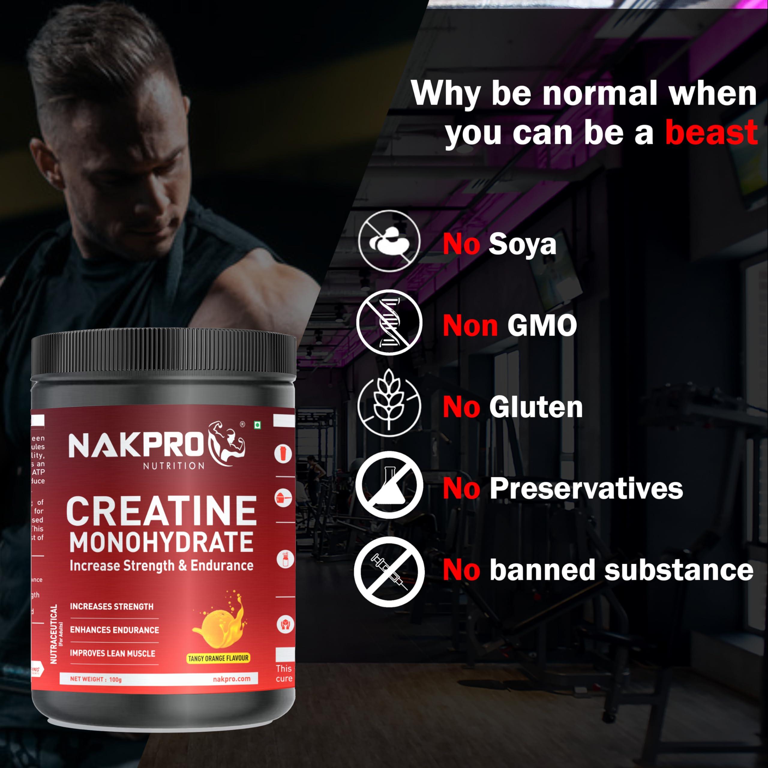 NAKPRO NAKPRO Micronised Creatine Monohydrate Powder 100g, Tangy Orange | 3g Creatine/Serving | Trustified Certified | Rapid Absorption Pre/Post Workout Supplement for Muscle Repair & Recovery