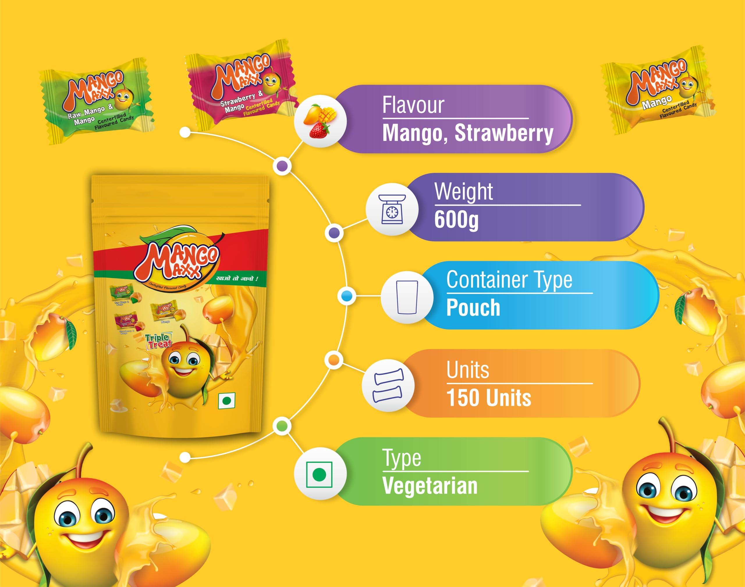 BakeMate Mango Maxx Flavoured Candy | Mango Flavoured Candy | Mango Candy Pack | Mango Candy | Strawberry | Raw Mango | Mango | Mango Assorted Candy 600g