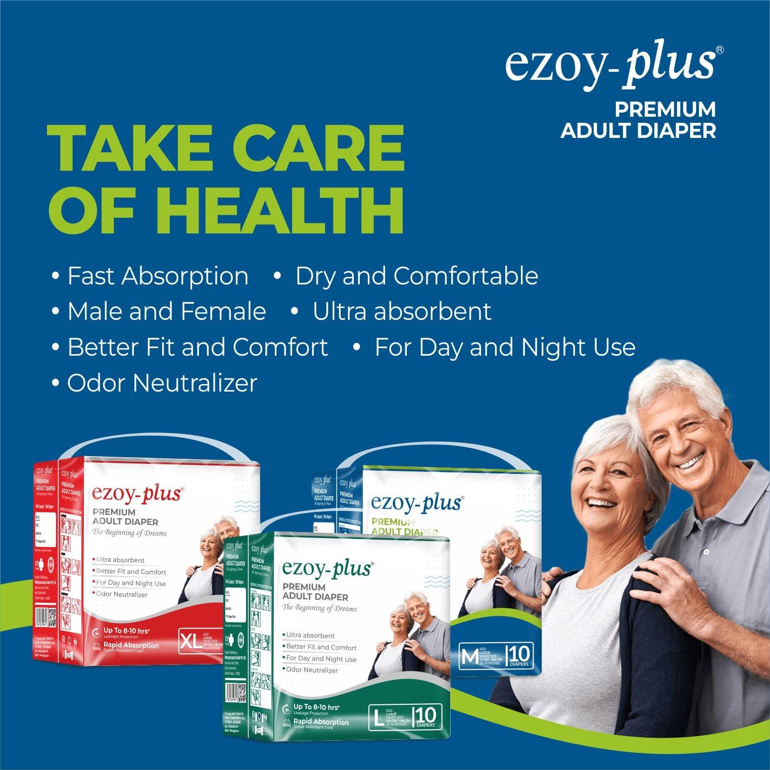 Ezoy-plus Ezoyplus Adult Diaper Large, Waist Size (44\"- 61\")- Pack of 3, 30pcs Pack Adult Diapers - L (30 Pieces)