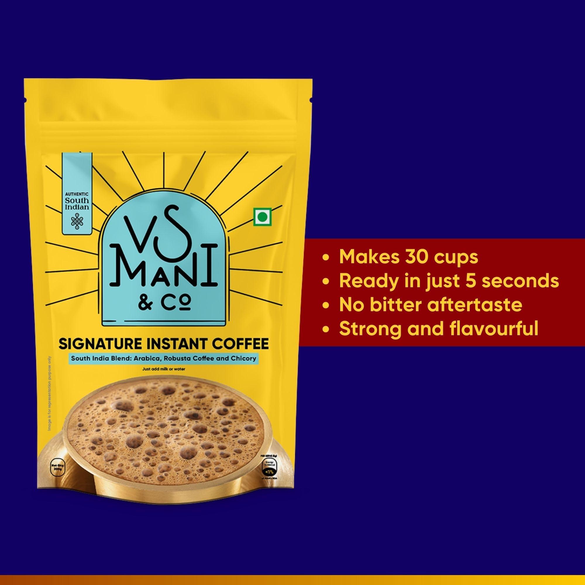 VS MANI & CO. VS Mani & Co Signature Instant Coffee Powder - Pack of 1 (100 gm) Makes 60 Cups - 60% Coffee and 40% Chicory - Strong and Aromatic Signature Instant Coffee, No Added Preservatives | Sugar |Flavours