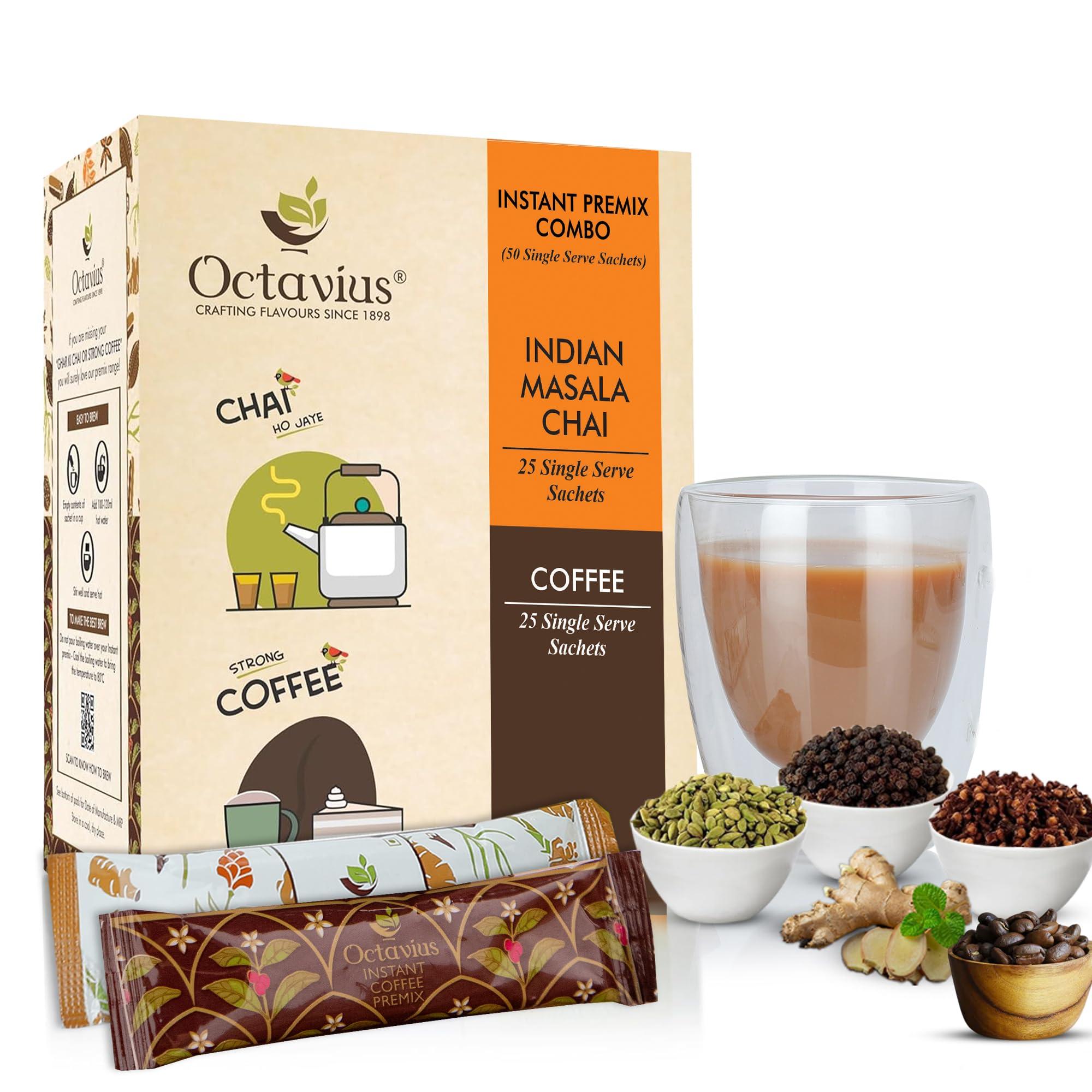 Octavius Octavius | Indian Masala & Coffee 2 in 1 Premix Tea & Coffee -50 Pouches | Economy Pack | Readymade Tea Mix | Ready Tea & Coffee | Premix Tea Powder | Instant Tea | Tea Premix | Economy Pack -(15Gm X 50 Sachets)