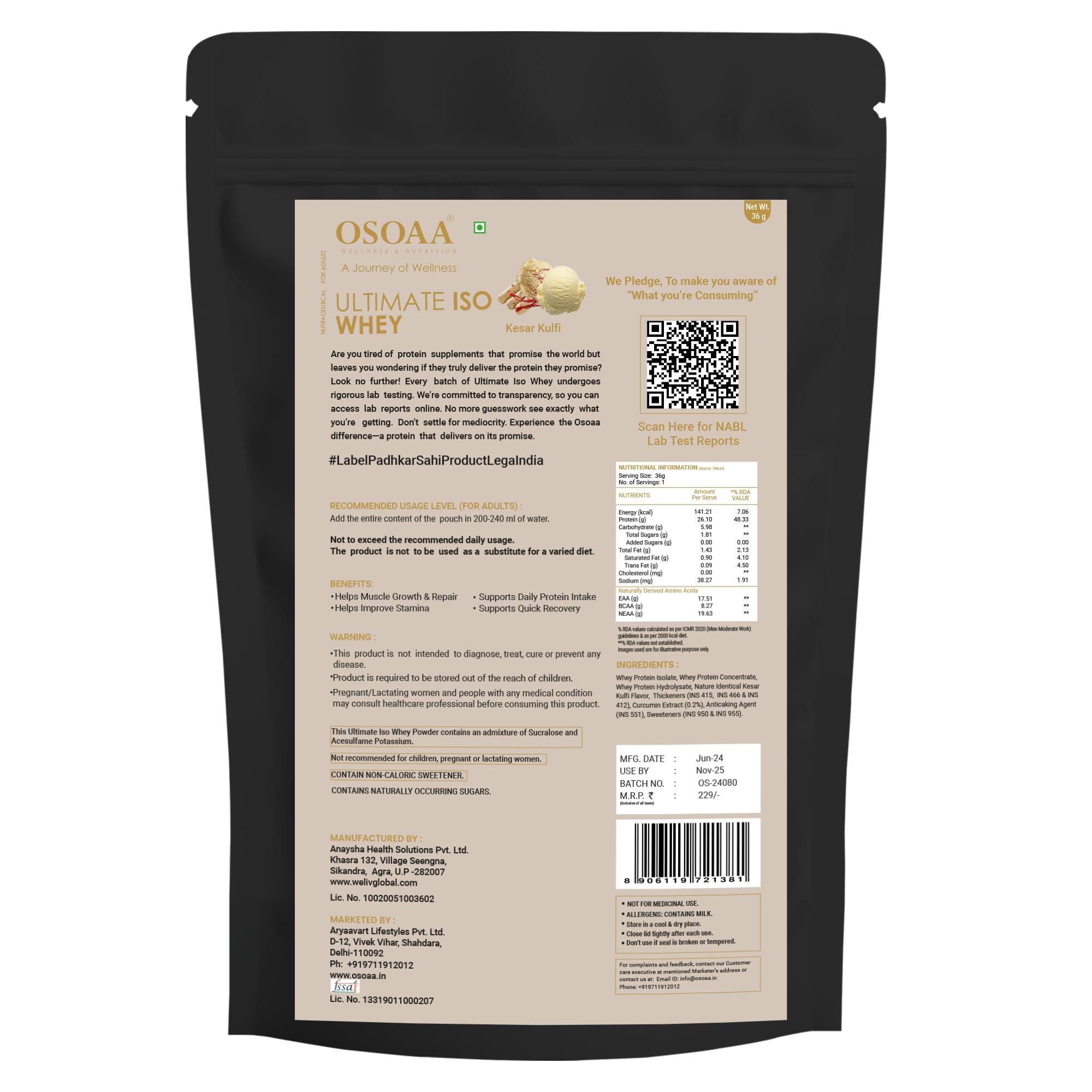 OSOAA OSOAA Ultimate ISO Whey Protein Isolate Protein - 36g Single Serving Pouch | 26g Protein Powder for Muscle Support & Recovery | 100% Authentic Protein Supplement Powder | Flavour - Kesar Kulfi