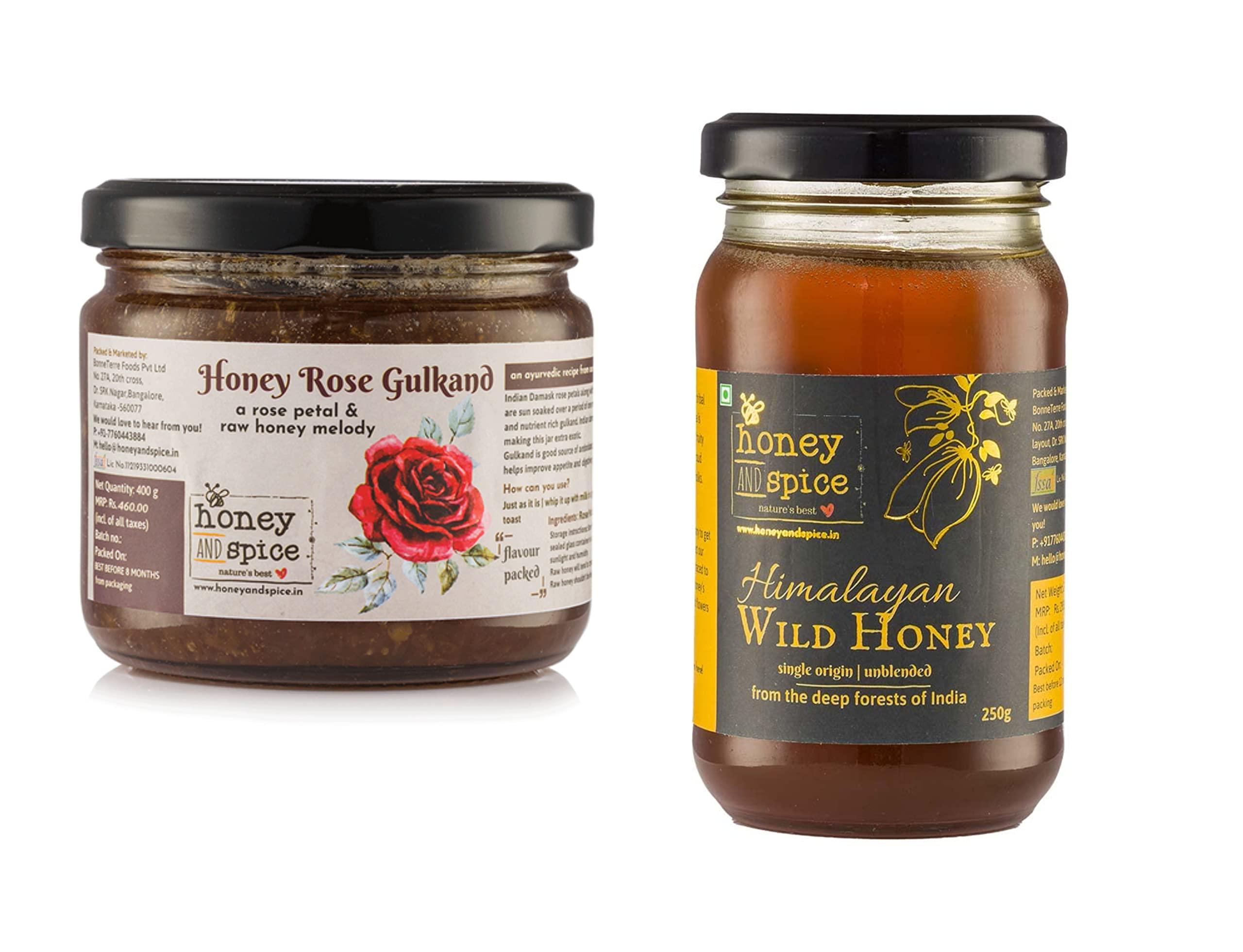 Honey and Spice Honey and Spice Honey Rose Gulkand with Raw Honey & Finest Rose Petals- 400 Gm and Pure Raw Wild Honey Single Origin Unblended Natural- 250 Gm