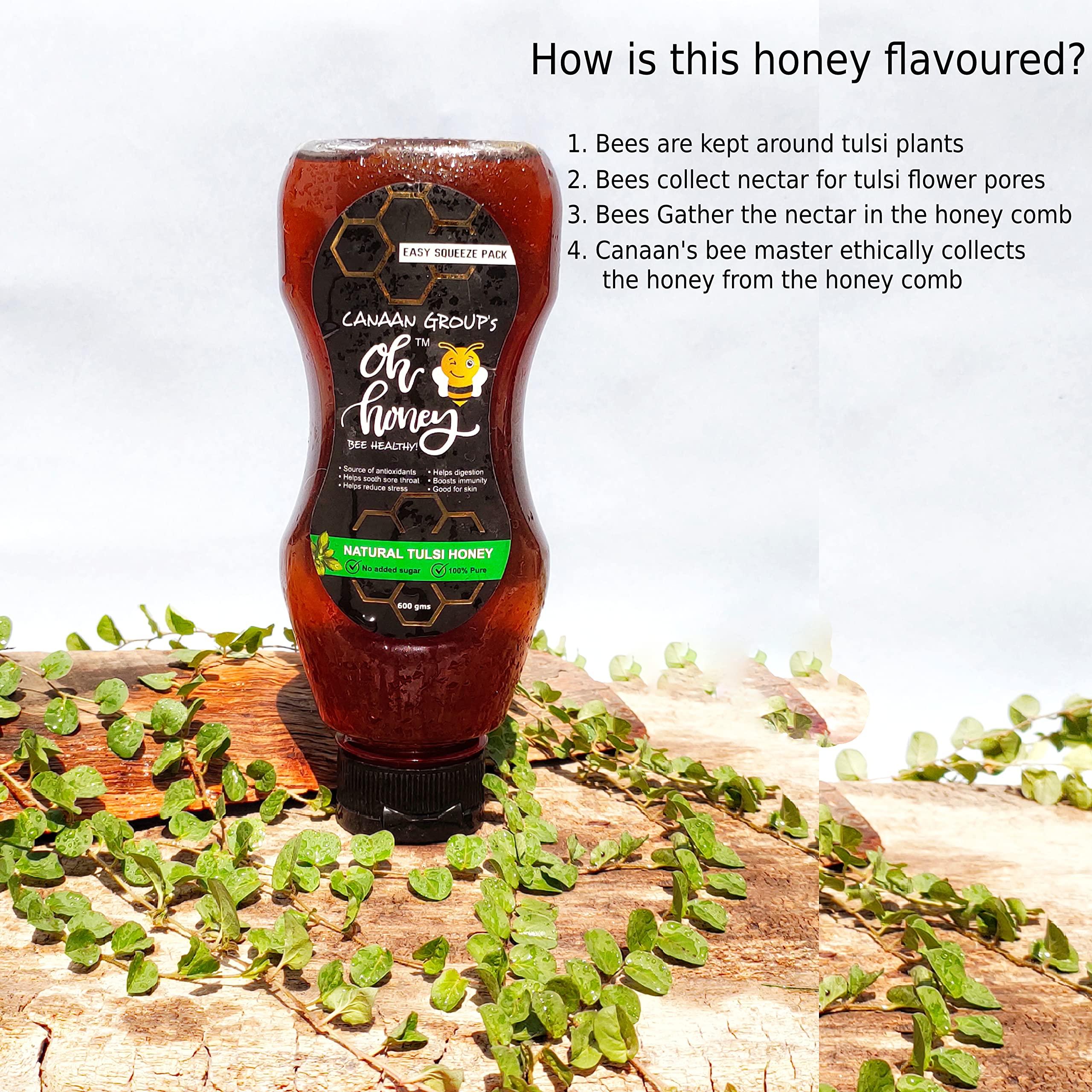 CANAAN GROUP’S oh honey Bee Healthy Canaan Group's Organic Oh Honey | 100% Honey Organic Natural Tulsi Honey | Squeeze Pack | No Added Sugar | 600g