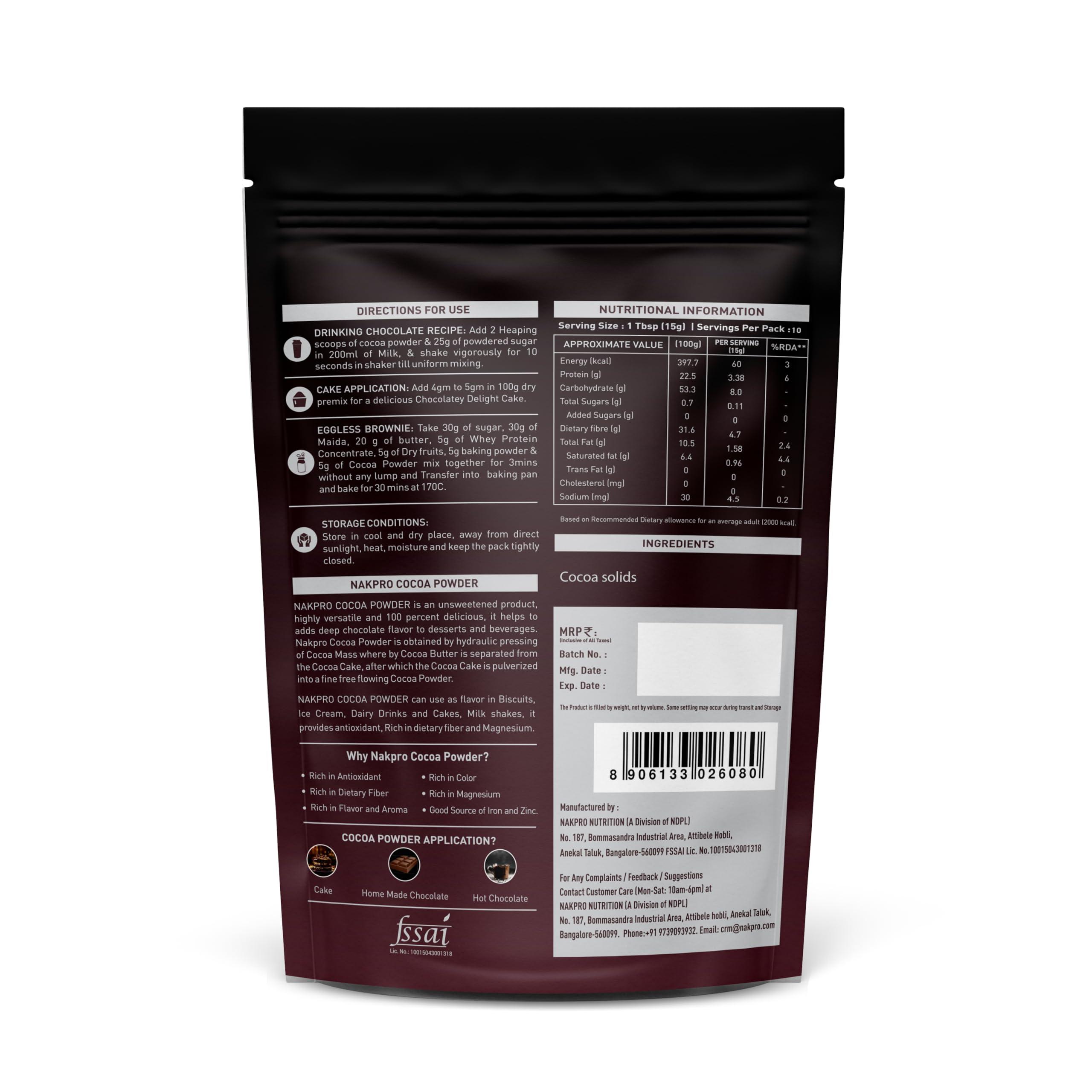 NAKPRO NAKPRO 100% Pure & Natural Unsweetened Plant Based Cocoa Powder, 200g | 22.5g Protein | Ideal for Cake, Baking, Hot Chocolate, Milkshakes & More