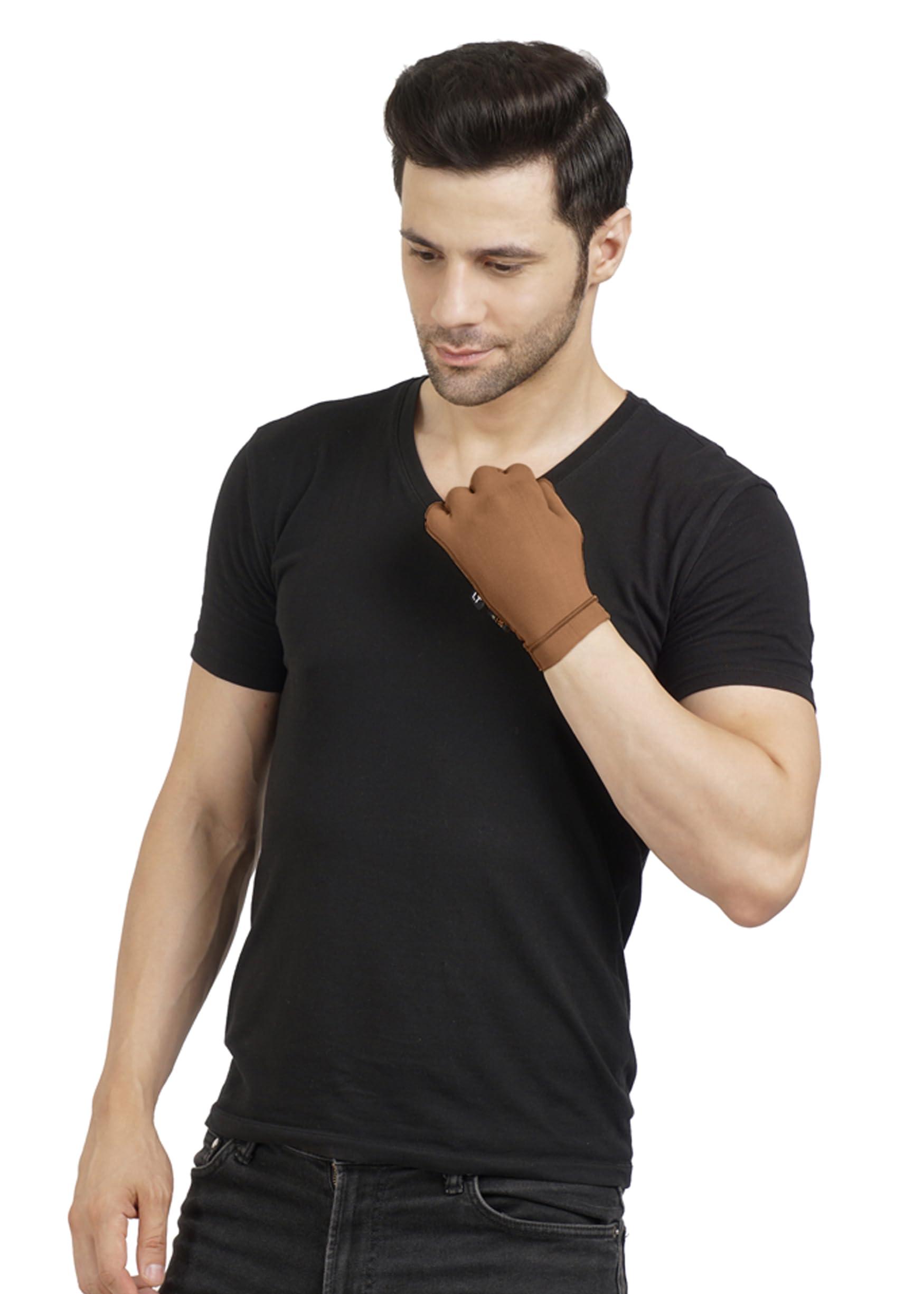 Dermapress Medical Compression Hand Glove upto WRIST with open Fingers | OUTSIDE ZIP| HIGH COMPRESSION | COTTON | UNISEX | BURN Recovery Support | (Brown, Right Hand- L)