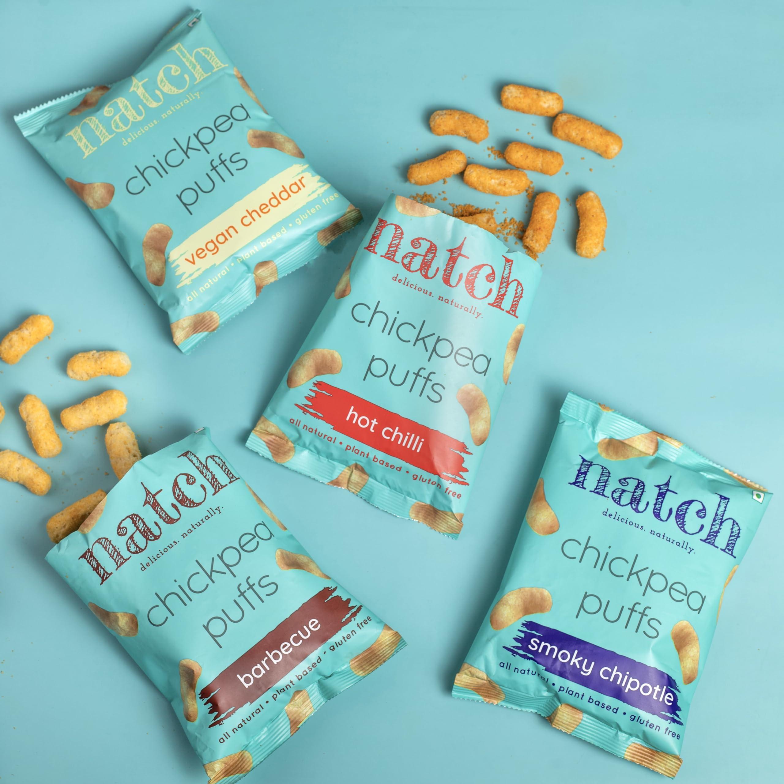 natch Natch Chickpea Puffs & Popped Chips Variety Pack, Popped Chips Barbecue, Garlic & Herb, Puff Barbecue, Vegan Cheddar, Hot Chilli, Smoky Chipotle, Rich in Fiber & Protein (Pack of 6)