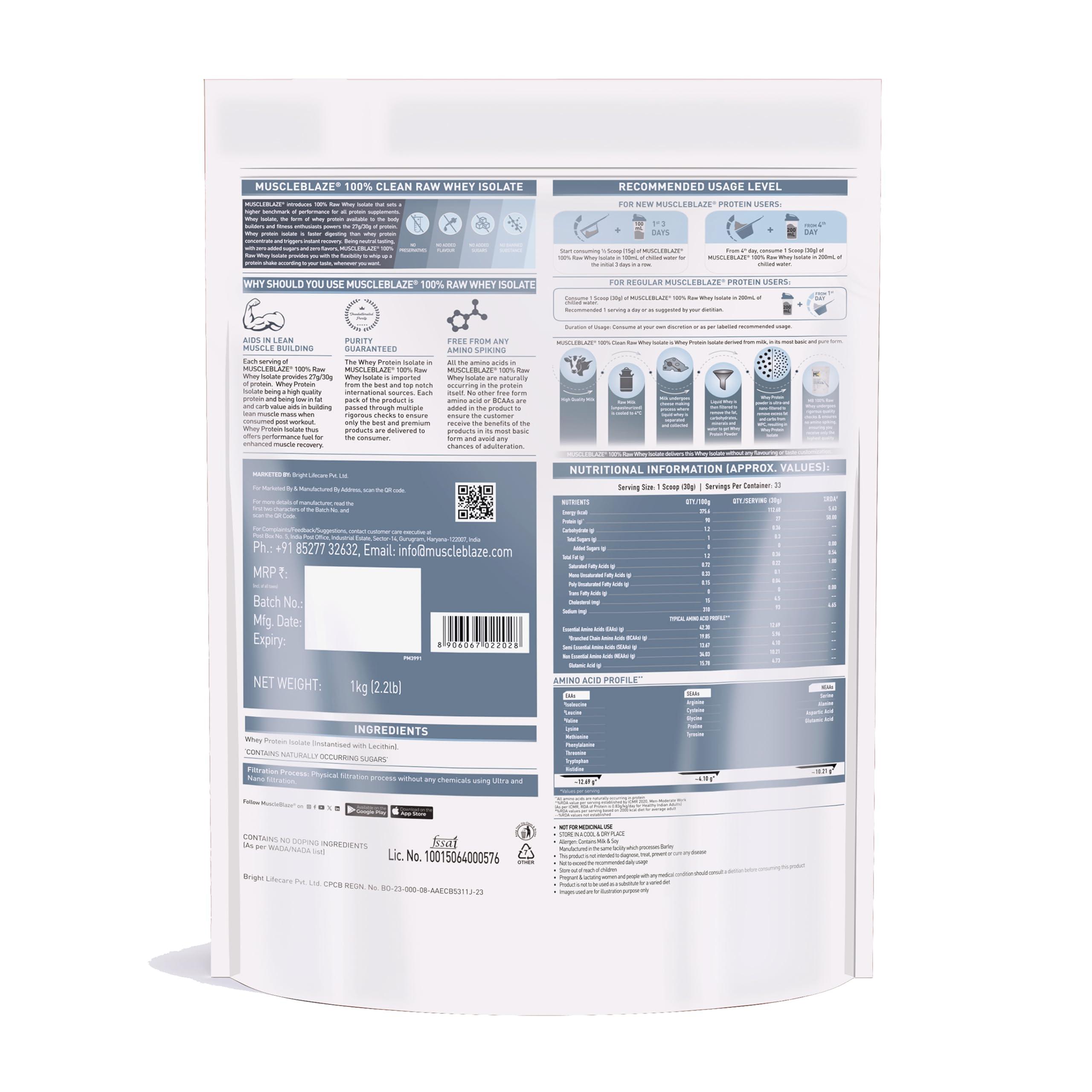 MuscleBlaze MuscleBlaze 100% Clean Raw Whey Protein Isolate (Unflavoured, 1kg) | 27g Protein per Scoop | Easy to Digest