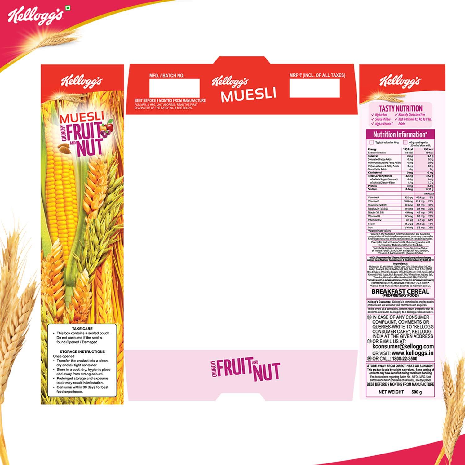 Kellogg's Kellogg's Muesli Crunchy Fruit And Nut, Multi-Grain Cereal, High In Iron, Vitamin B And Source Of Fibre, 500g
