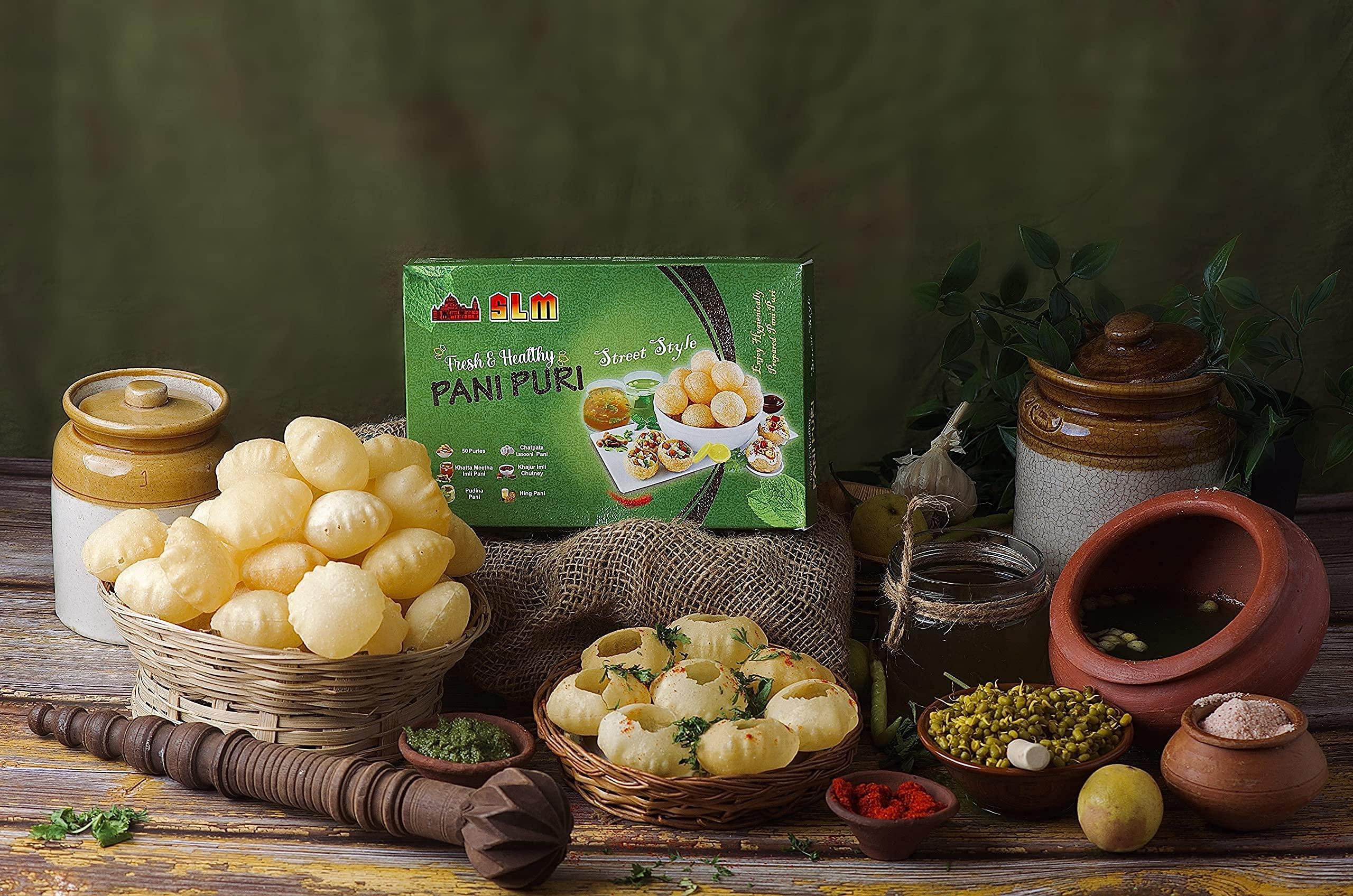 SLM SLM Pani Puri Golgappe Puchka kit with 4 Different Flavours 250g Each Combo (Pack of 2) 100g Puris, Pudhina Pani, Hing Pani, Lasooni Pani, Khatha Meetha Imli Pani and khajur Imli Chutney.