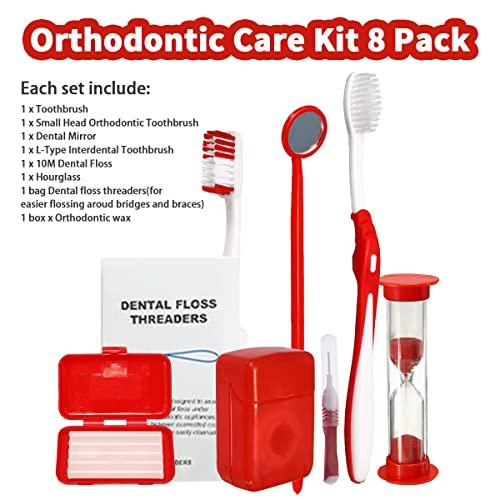 Ceonam Braces Cleaning Kit for Teeth , Portable Orthodontic Toothbrush Kit Oral Care Dental Travel Kit - Interdental Brush Dental Wax Dental Floss Toothbrush Box (Red)
