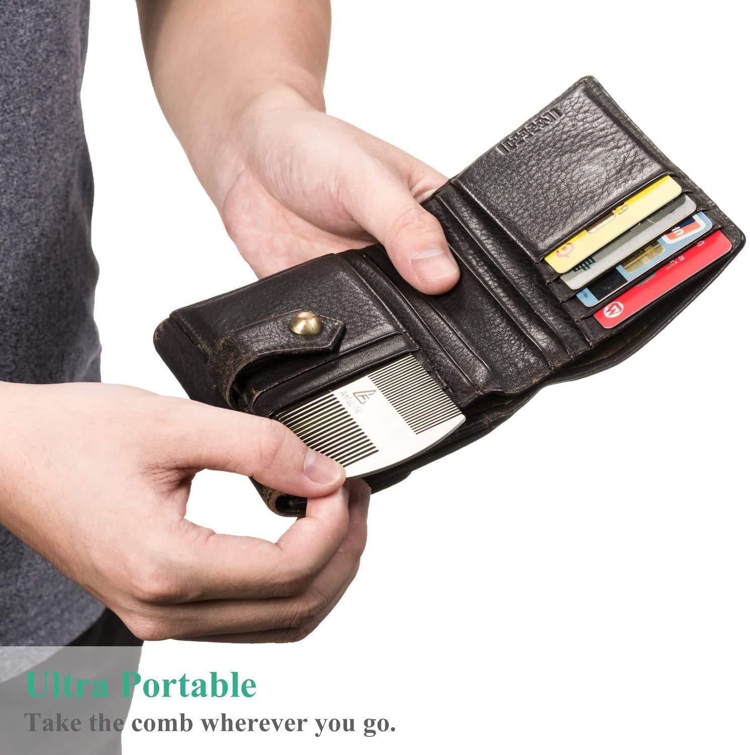 AhfuLife Stainless Steel Metal Hair&Beard Comb - Anti-Static Dual Action Beard Comb - Credit Card Size Comb Perfect for Wallet and Pocket - Presented in Gift Box (Stainless Steel Comb (2pcs))