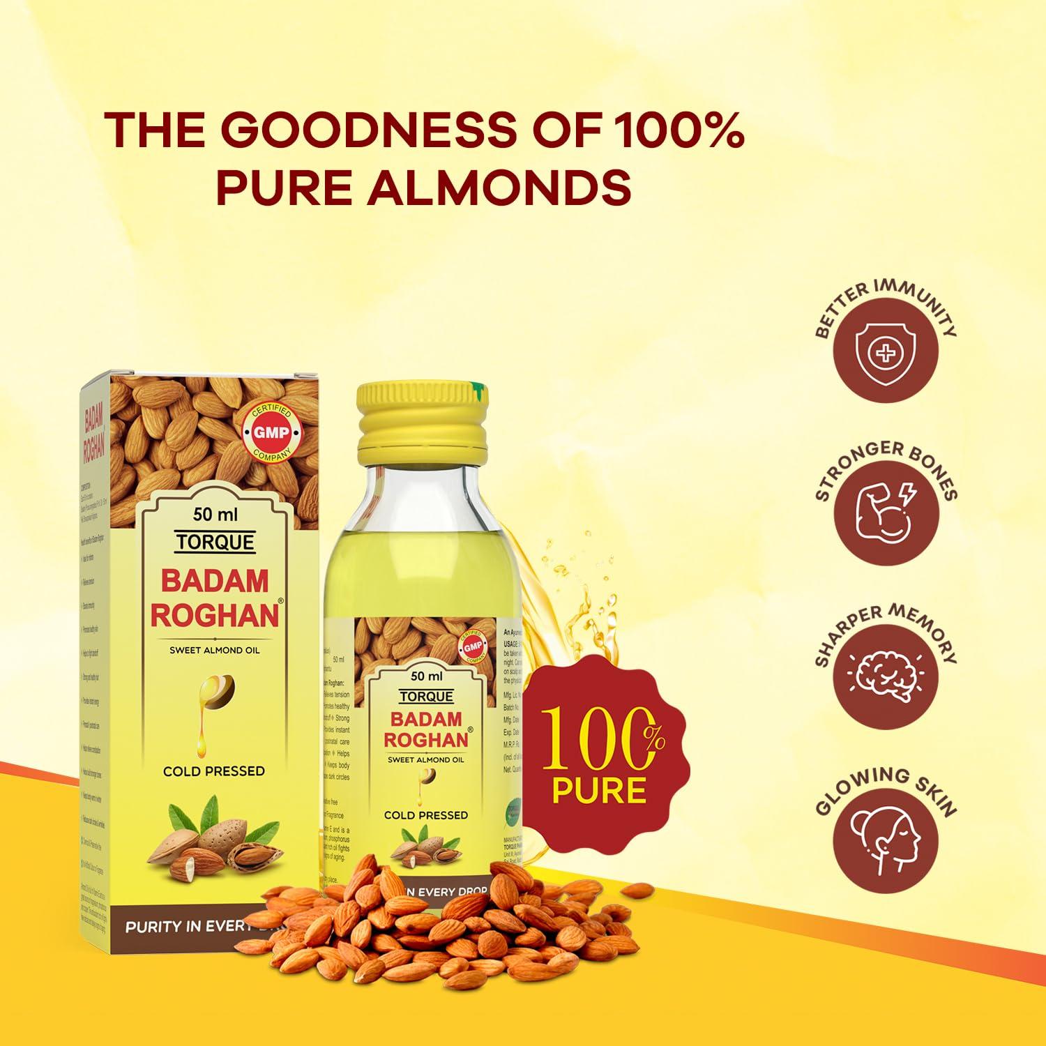 TORQUE Torque Badam Rogan Oil | Sweet Almond Oil 100% Pure and Cold Pressed For Hair and Skin| Badam Roghan Oil (50 ML-Pack of 1)