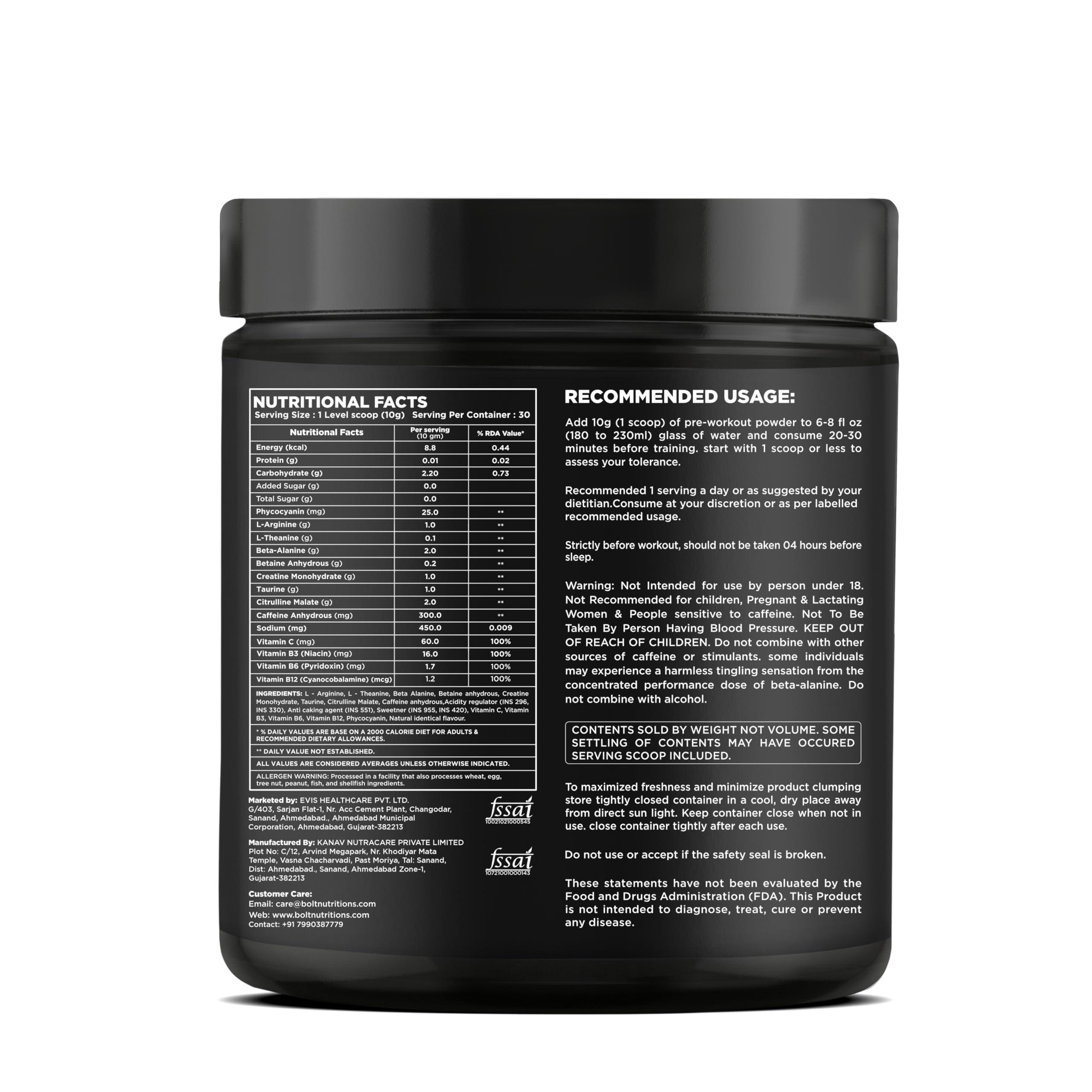 Bolt Bolt Nutrition Pre Workout Supplement With Caffeine Powder, Citrulline Malate, B-Alanine, Taurine For Explosive Energy, Pump & Focus 300G,30 Servings Orange Tangy