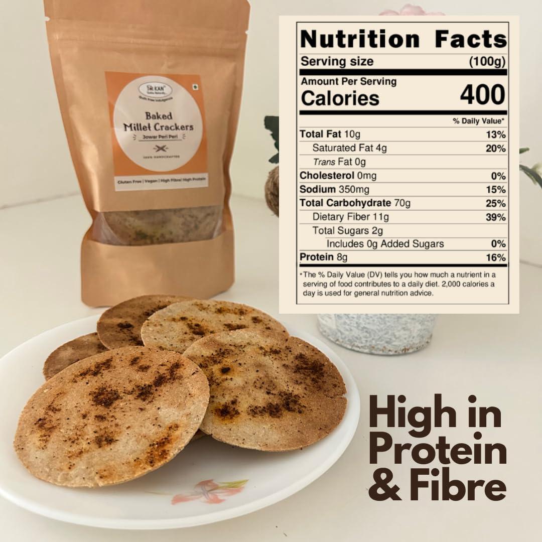 NIHKAN NIHKAN Millet Crackers - Gluten free | Vegan | High protein | High Fibre - Handmade & baked | Healthy chai time guilt free snacks - No Preservatives & No Baking soda - 100g (Jowar Peri-Peri)