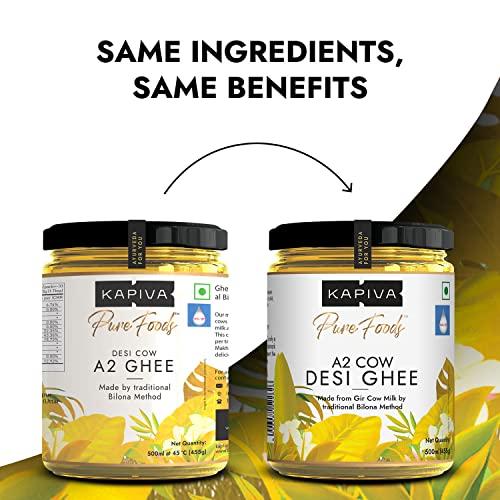 Kapiva Kapiva A2 Desi Cow Ghee 500ml | Bilona Method, Curd-Churned | Pure, Natural, Healthy | Grass-fed Cultured Ghee - Super Saver Pack of 2