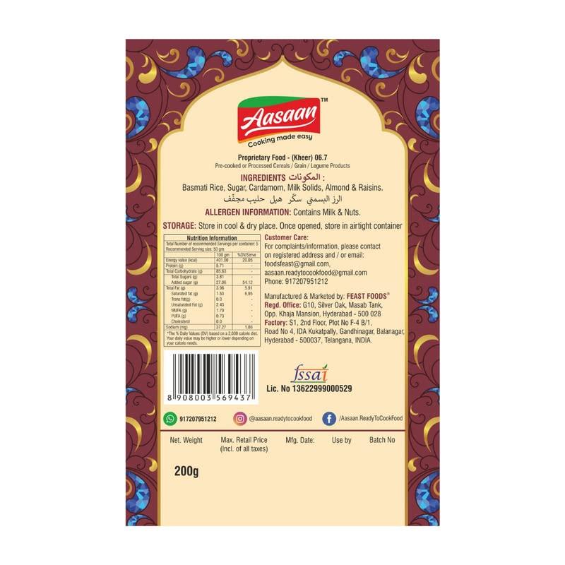 Aasaan Aasaan Kheer Premix 200gms, Ready to Cook Kheer Mix, Instant Hyderabadi Kheer Premix, Indian Sweets Kheer Ready Mix Vegetarian Dessert , Kheer Instant Mix 200G, Indian Rice Pudding Premix (Pack of 1)