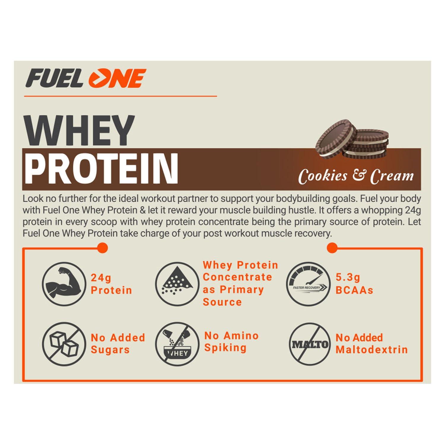 MuscleBlaze FUELONE Whey Protein (Cookies & Cream, 1kg / 2.2lbs) | 24g Protein | 5.29g BCAA & 4.2g Glutamic Acid