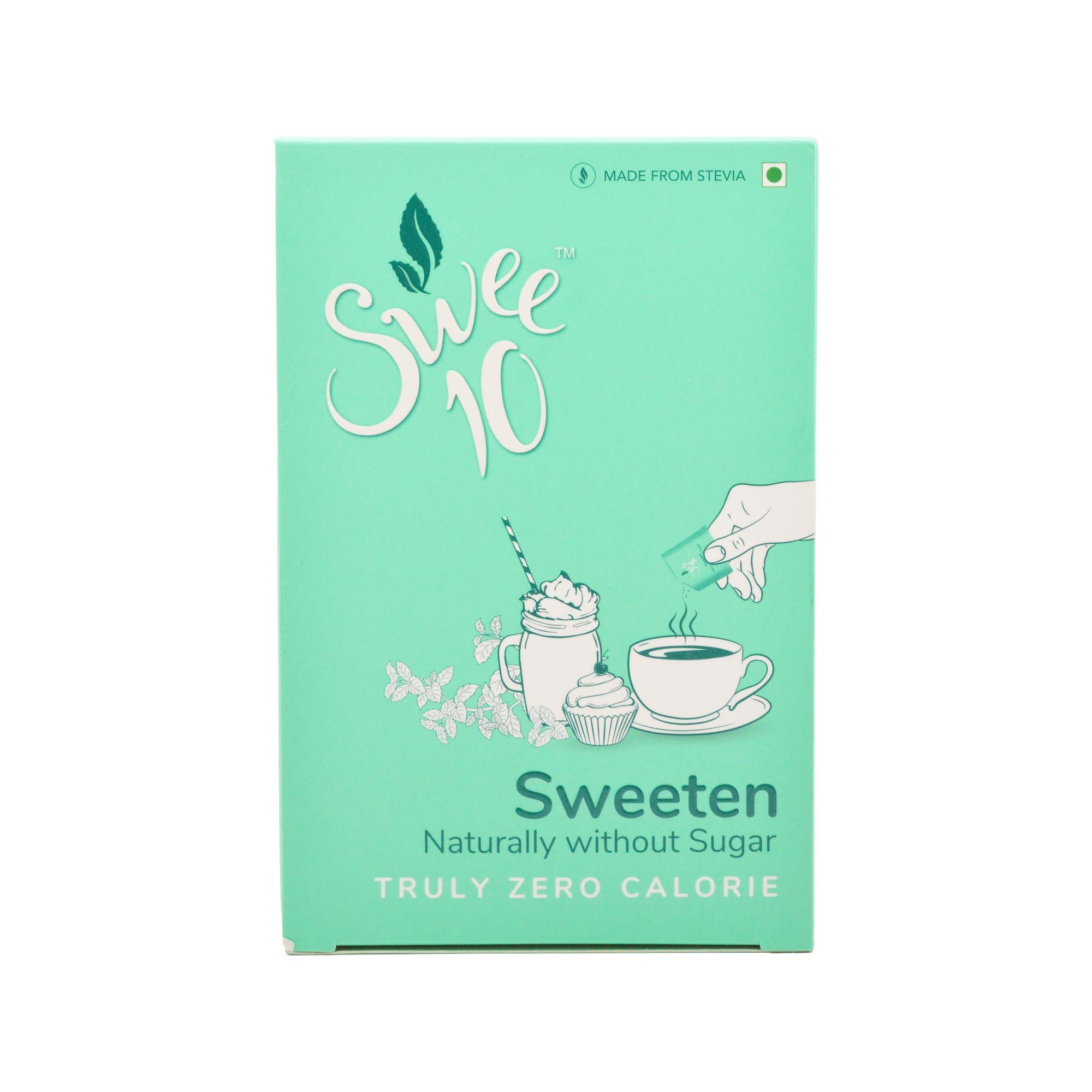 SWEE10 Swee10 Natural Stevia Sweetener - Zero Calorie Sugar Substitute for Low Sugar, Low Carb Diets - Vegan, Non-GMO Powder for Hot & Cold Drinks, Making Coffee & Tea, Cooking & Baking 90g Sachet Box