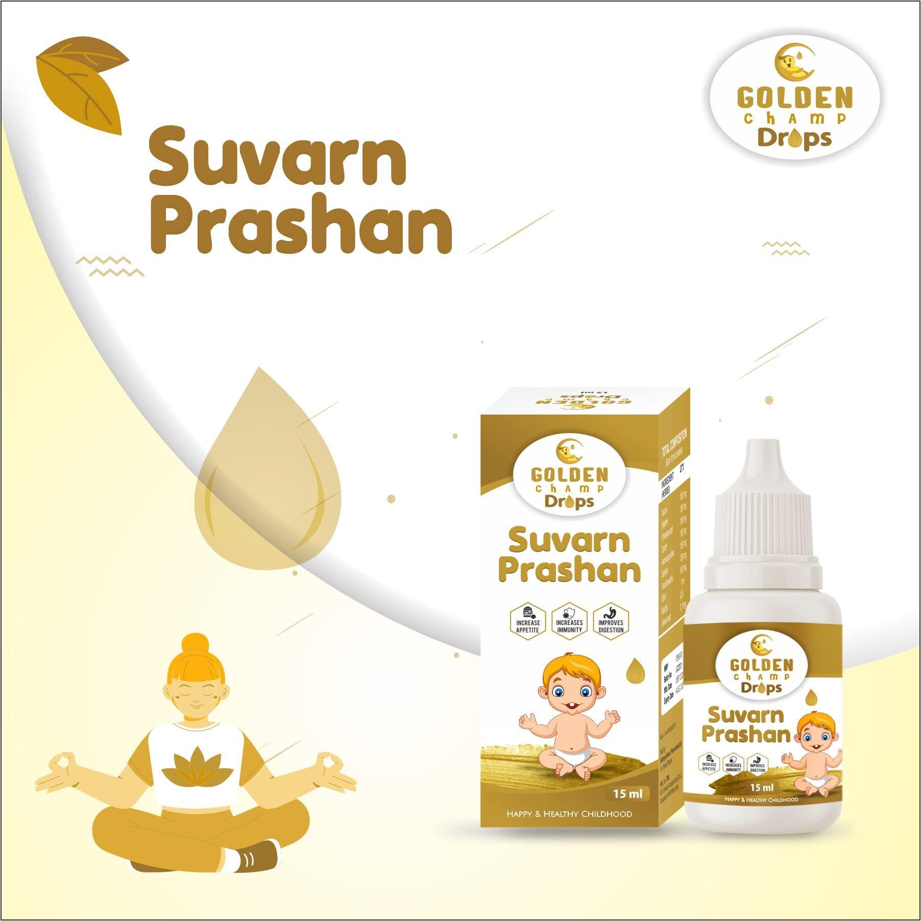 Golden Champ Drops Golden Champ Drops Swarna prashana drops with Gold Ash | Swarna Prashan | Suvarnaprashan drop for Children Ayurvedic Immunity Booster for Kids (15 ml) (GMP Certified & Ayush Approved).