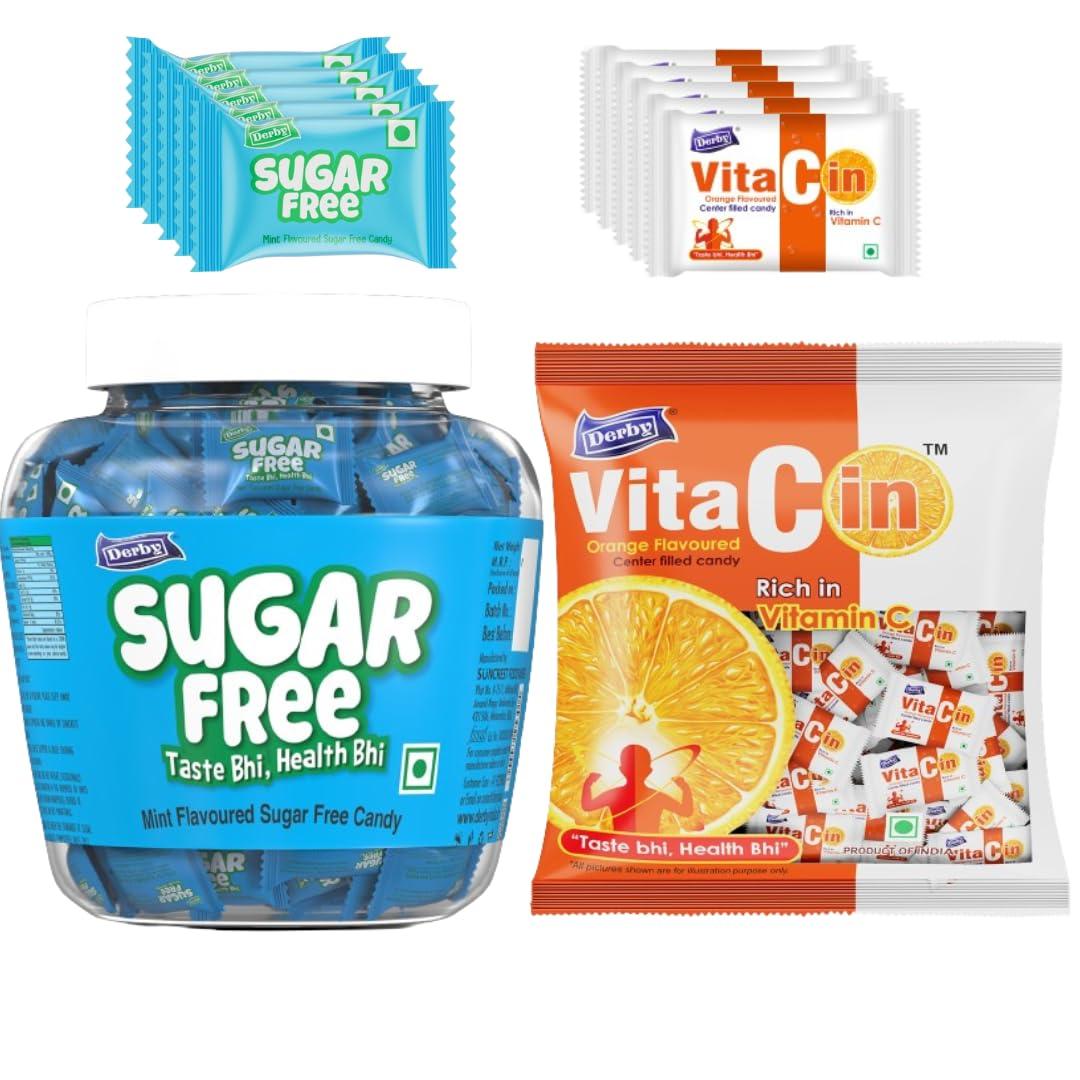 Derby Derby Sugar-Free Mint Candy Jar (100pcs) & VitaCin Poly (100pcs) / Suitable for All/Enriched with Vitamin C/No Sugar Candy. / Combo Pack of 2 / 650Gms