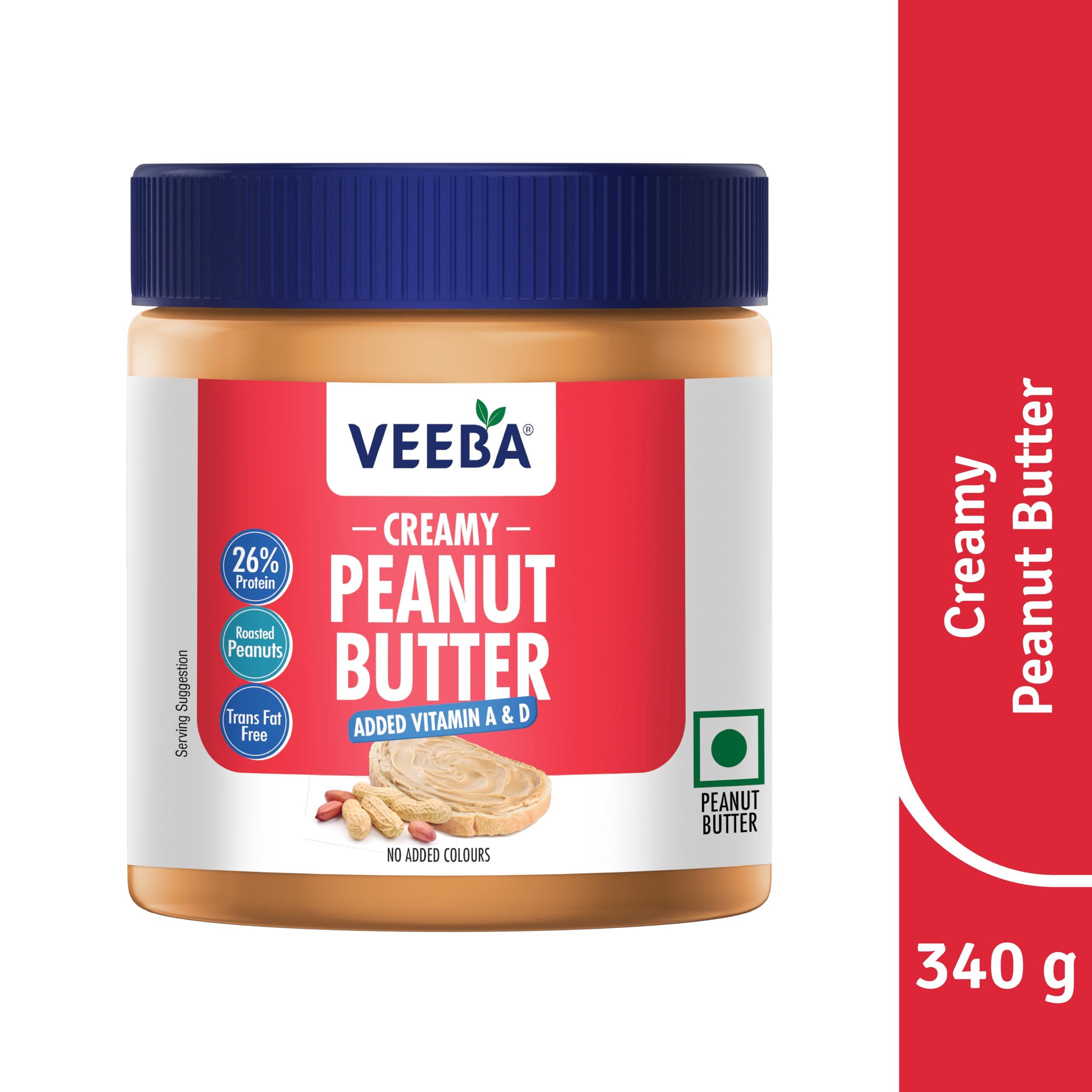 VEEBA Veeba Peanut Butter Creamy | Smooth | High Protein | Naturally Gluten Free | Vegan | Trans Fat Free | No Added Preservatives | Added Calcium, Iron, Vitamin A & D | No Added Colour & Flavour | Non GMO | 340 g