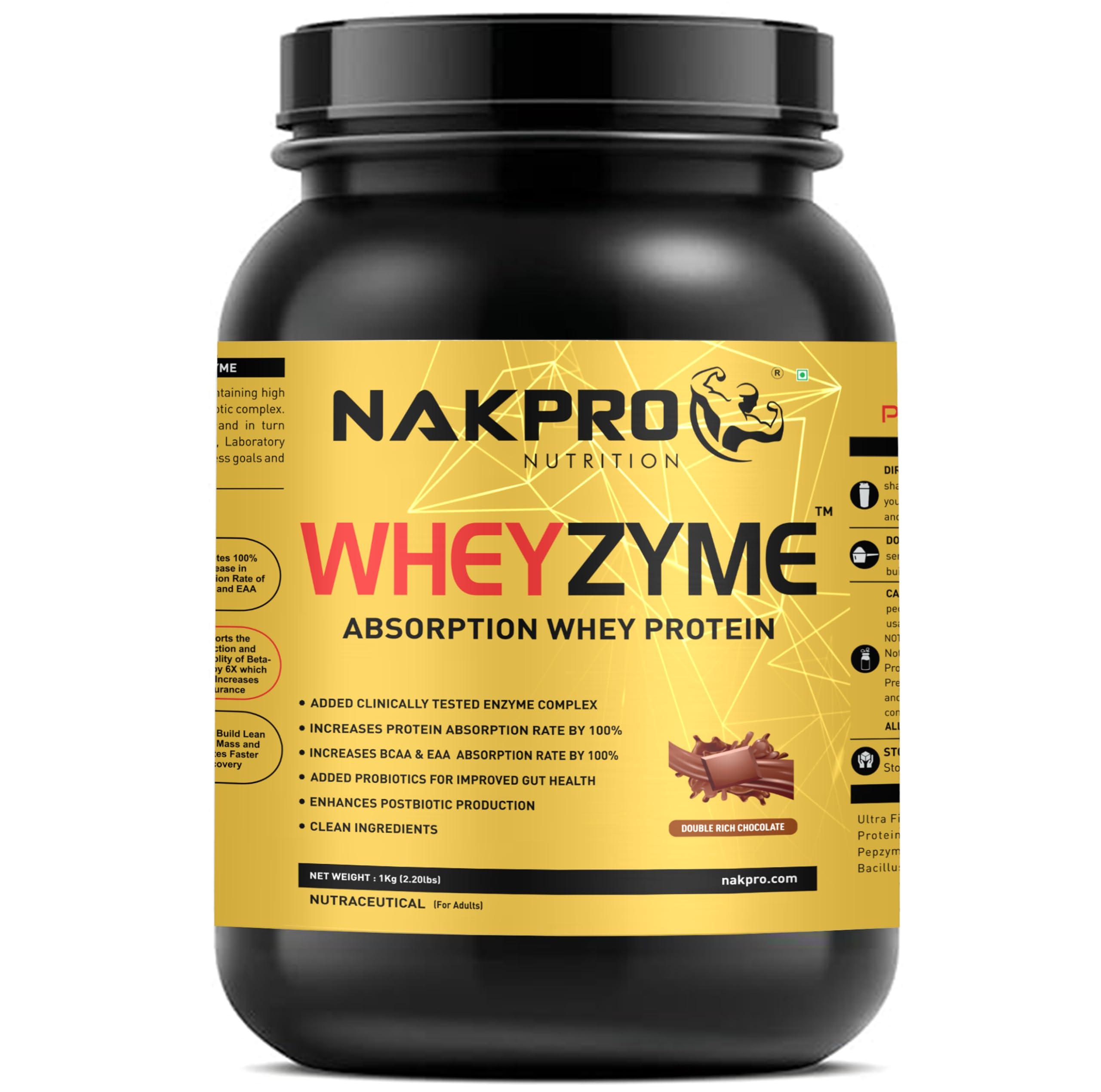 NAKPRO NAKPRO WheyZyme Whey Protein Powder, Double Rich Chocolate, Informed Choice & Trustified Certified | Isolate & Concentrate, Clinally Tested 100% Higher Protein Absorptio (1kg, Double Rich Chocolate)