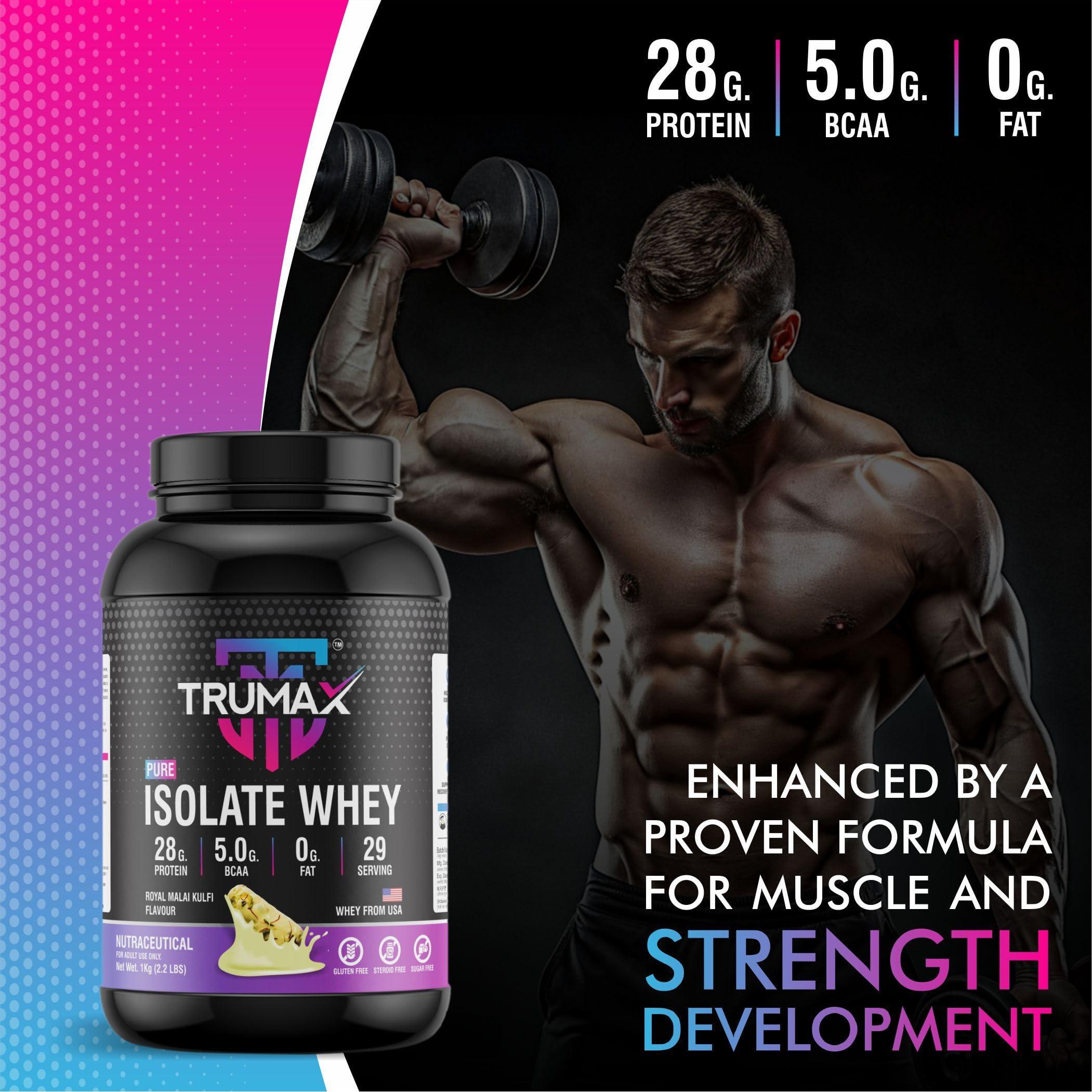 TRUMAX TRUMAX PURE ISOLATE WHEY PROTEIN | Raw from USA | 28g Isolate Protein | 5.0g BCAA & 10.8g EAA | Build Lean Muscle & Improve Stamina | Faster Absorption (Royal Malai Kulfi, 1.0 kg)