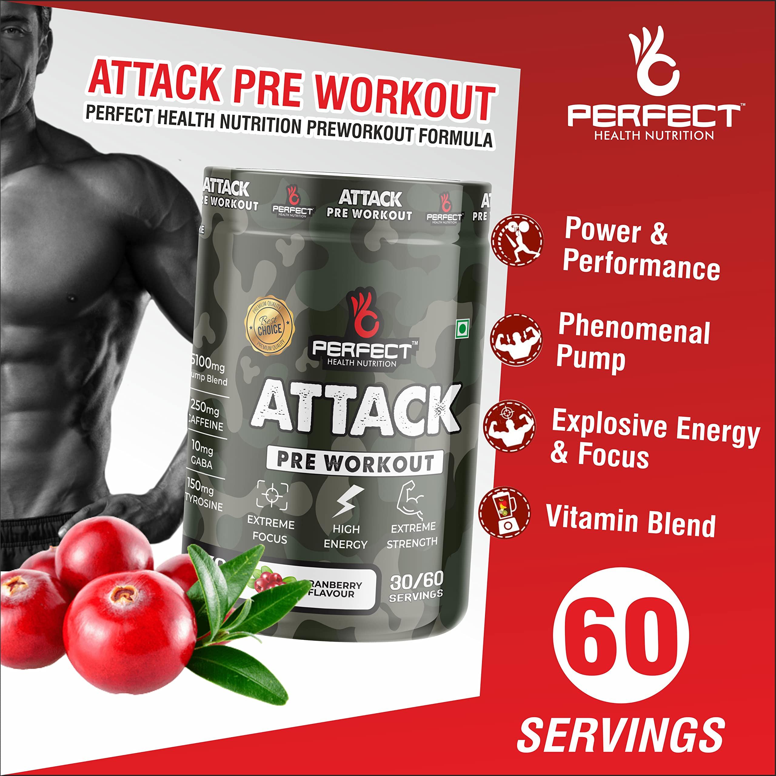 PERFECT HEALTH NUTRITION Perfect Health Nutrition, Attack (Pre-Workout) with 250mg Caffeine, Helps in Better Endurance, Increased Energy, Elevated Focus and Reduces Fatigue (270gm, 30/60 Servings) (Watermelon)