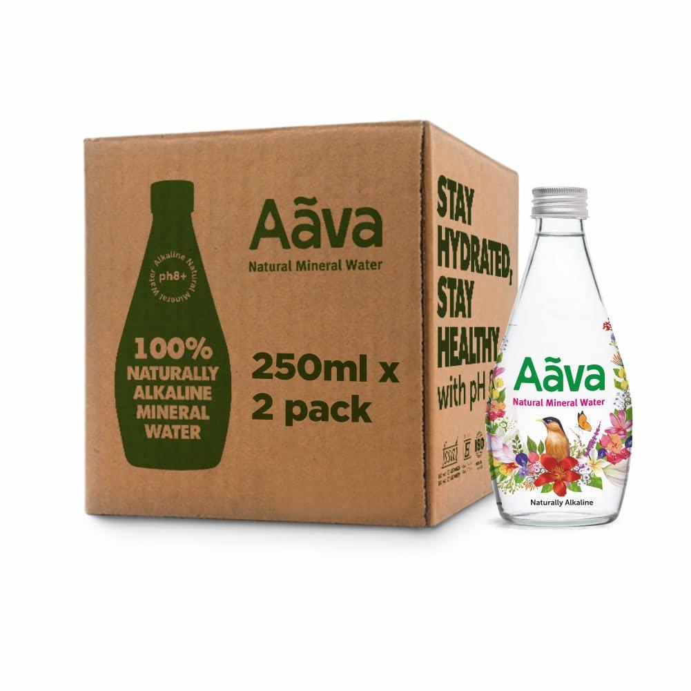 AAVA Aava Natural Mineral Water 250 ml Glass Bottle (Naturally Alkaline ; Origin Aravalli Range; pH 8+; Natural Fortified with Calcium and Magnesium) (Pack of 2)