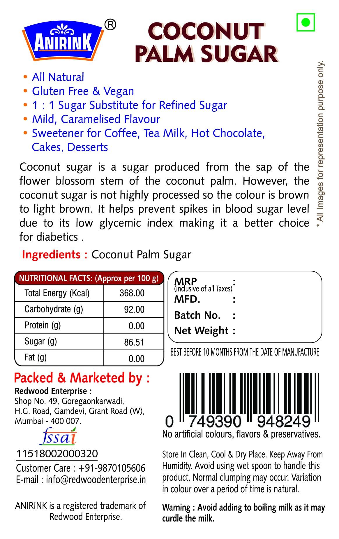 ANIRINK Anirink Coconut Palm Sugar 500gm/ Gluten Free/ 100% Pure Coconut Nector/Healthy Sugar Substitute/Unrefined Sugar/High Nutrients