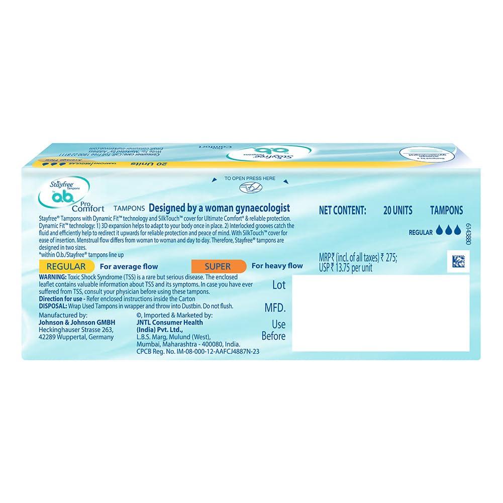 Stayfree Stayfree Tampons by OB| Normal flow|20 piece| Dynamic Fit Technology| Rashfree| No skin irritation| Upto 100% leakage protection| Silk touch technology| Stain free